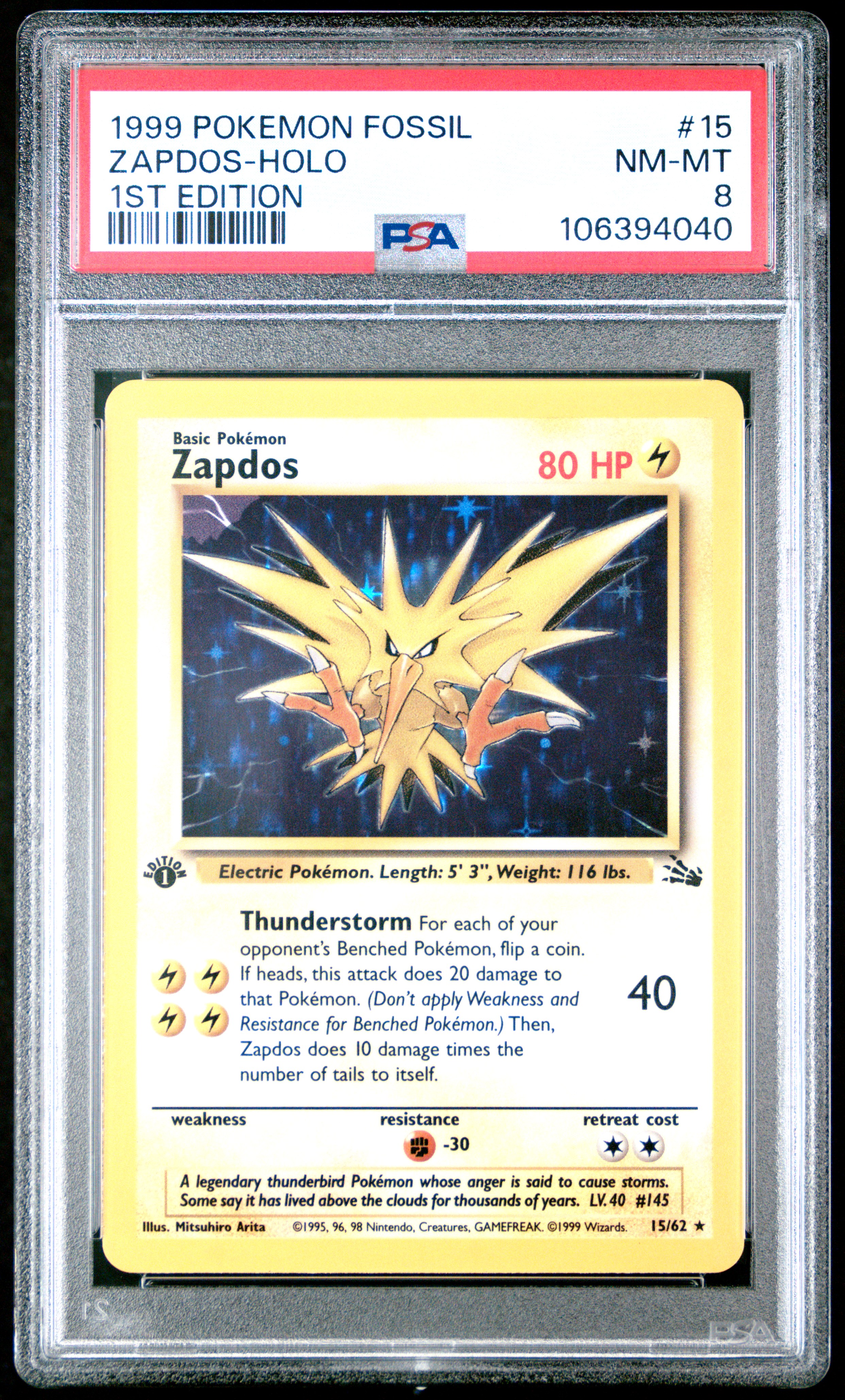 1999 Pokemon Fossil Zapdos-Holo #15 (1St Edition) Nm-Mt 8 front