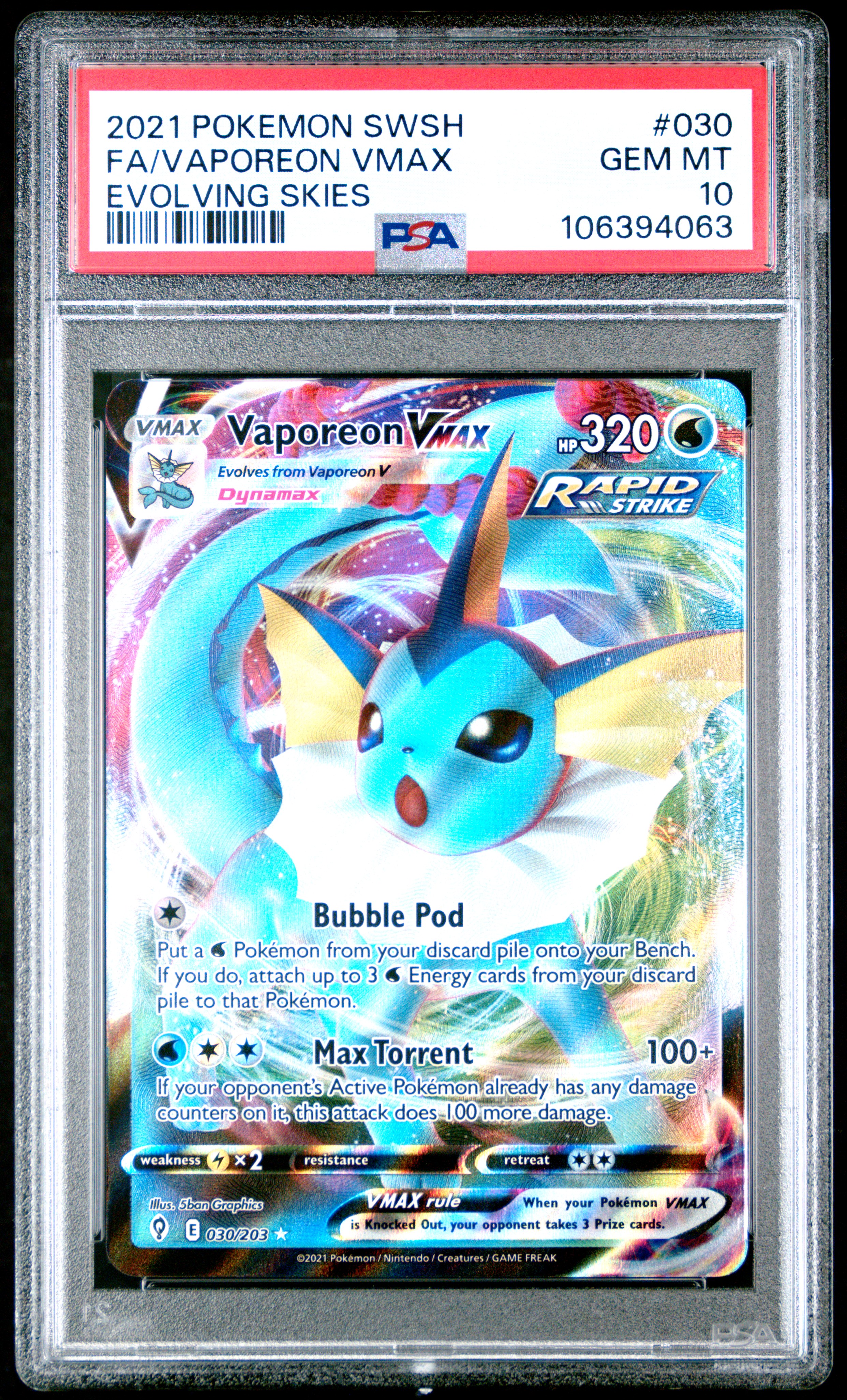 2021 Pokemon Sword & Shield Evolving Skies Fa/Vaporeon Vmax #030 (Evolving Skies) Gem Mt 10 front