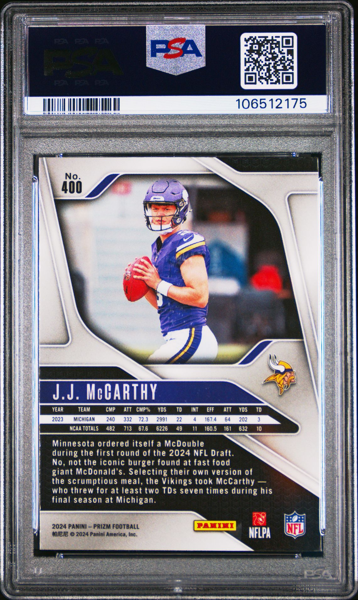 2024 Panini Prizm Jj Mccarthy #400 Mint 9 back