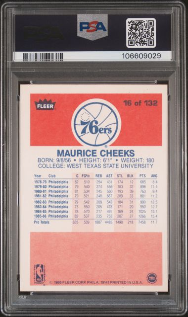 1986 Fleer Maurice Cheeks #16 Nm 7 back
