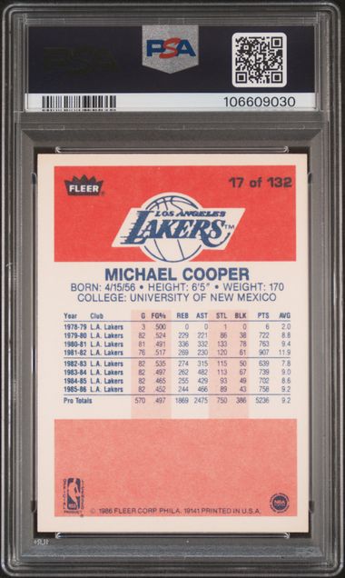 1986 Fleer Michael Cooper #17 Nm 7 back
