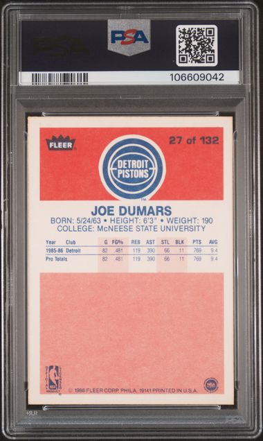 1986 Fleer Joe Dumars #27 Mint 9 back