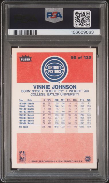 1986 Fleer Vinnie Johnson #56 Nm 7 back