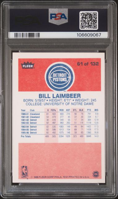 1986 Fleer Bill Laimbeer #61 Nm-Mt 8 back
