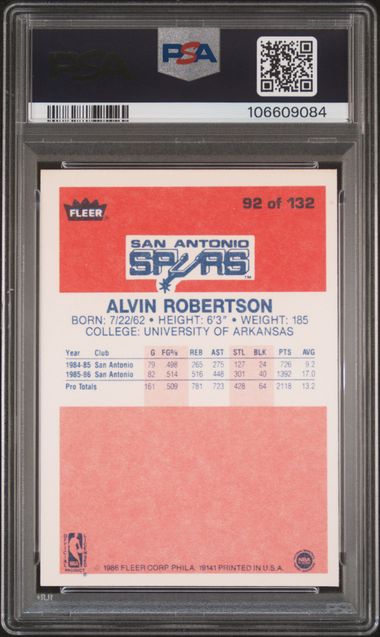 1986 Fleer Alvin Robertson #92 Nm-Mt 8 back