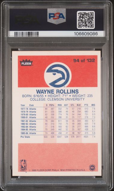 1986 Fleer Wayne Rollins #94 Nm-Mt 8 back