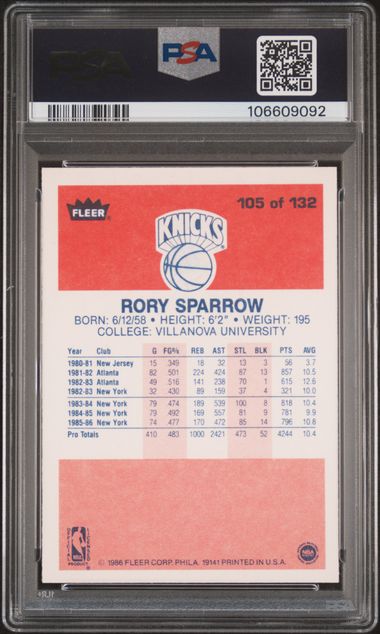 1986 Fleer Rory Sparrow #105 Nm-Mt+ 8.5 back