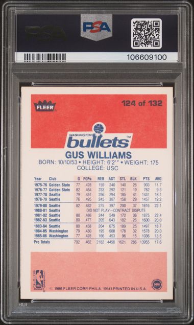 1986 Fleer Gus Williams #124 Mint 9 back
