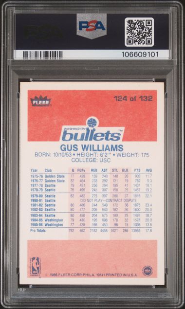 1986 Fleer Gus Williams #124 Nm-Mt 8 back