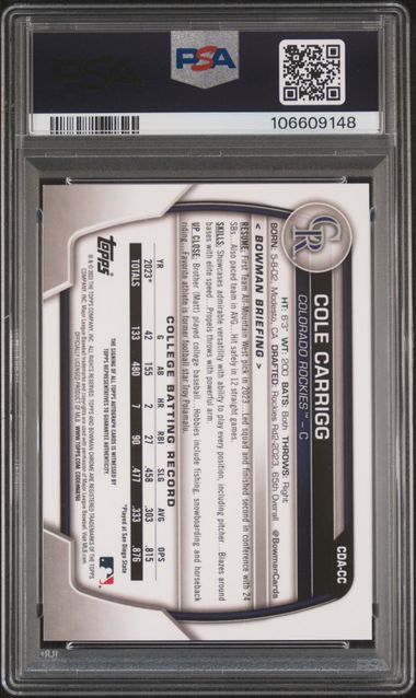 2023 Bowman Draft Chrome Prospect Autograph Cole Carrigg #Cdacc Gem Mt 10 back