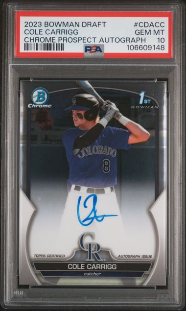 2023 Bowman Draft Chrome Prospect Autograph Cole Carrigg #Cdacc Gem Mt 10 front