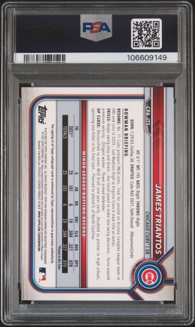 2022 Bowman Chrome Prospect Autographs James Triantos #Cpajts (Chrome Prospect Auto.) Gem Mt 10 back