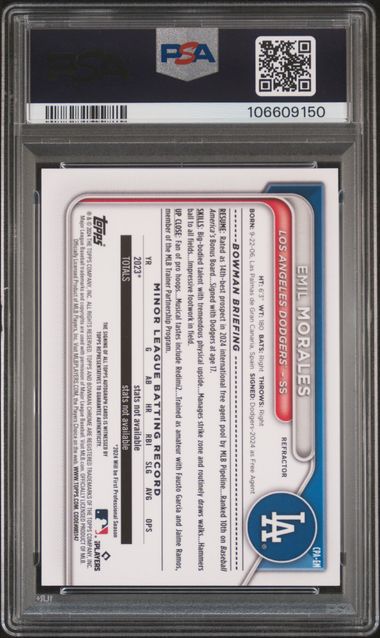 2024 Bowman Chrome Prospect Autographs Emil Morales #Cpaem (Prospect Auto-Refractor) Mint 9 back