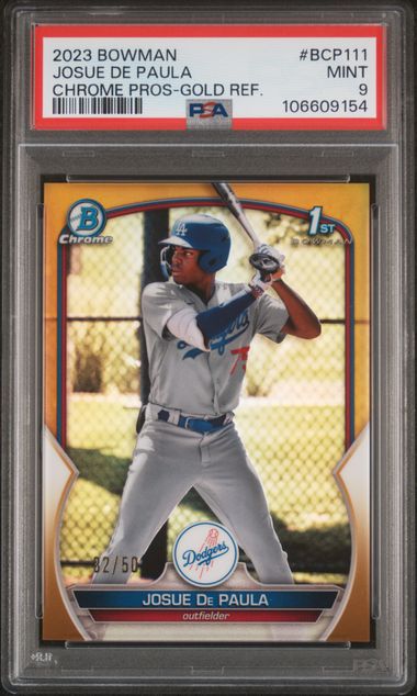 2023 Bowman Chrome Prospects Josue De Paula #Bcp111 (Chrome Pros-Gold Ref.) Mint 9 front