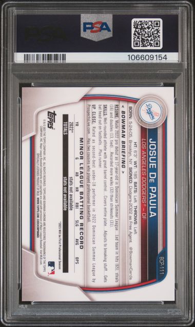 2023 Bowman Chrome Prospects Josue De Paula #Bcp111 (Chrome Pros-Gold Ref.) Mint 9 back