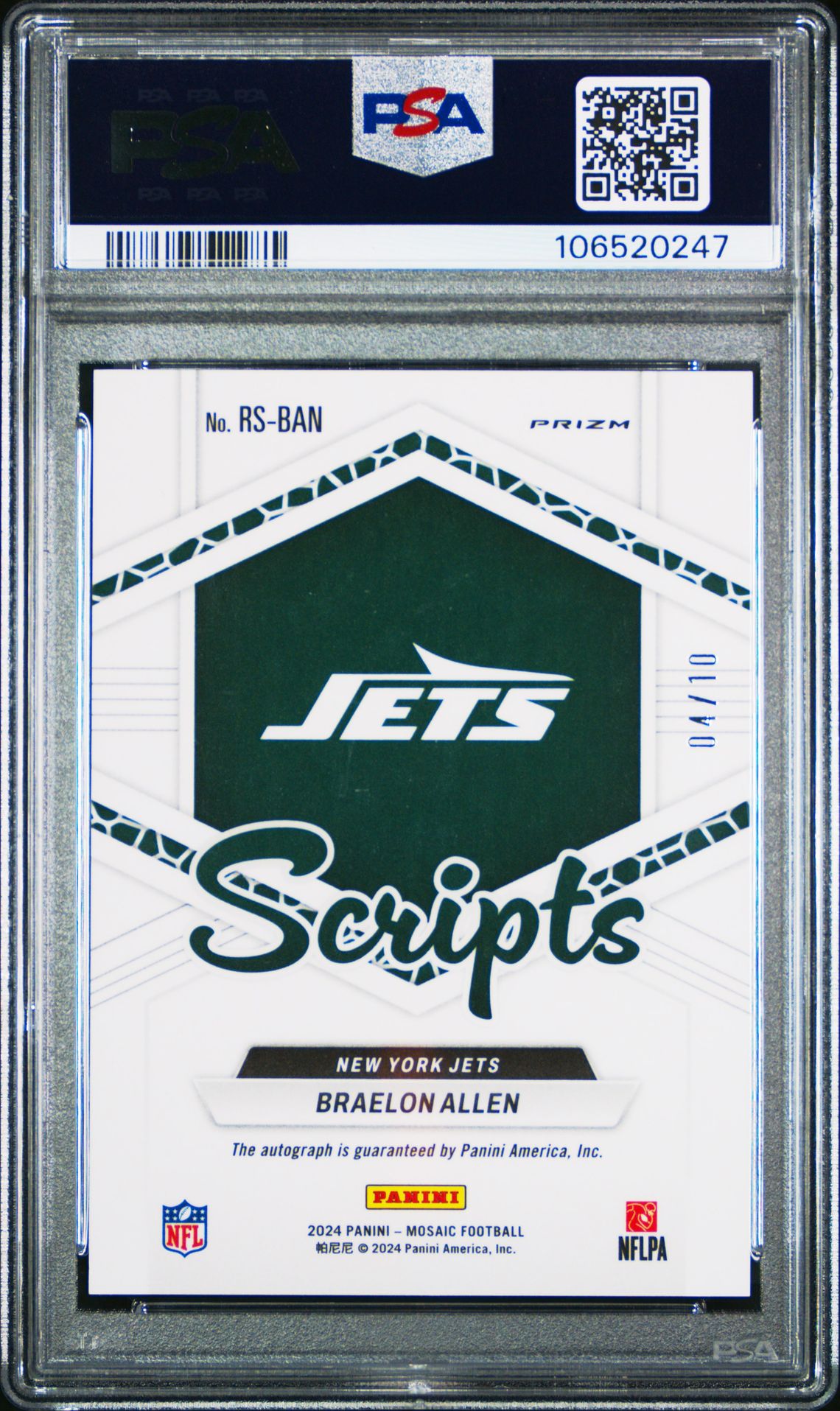 2024 Panini Mosaic Rookie Scripts Braelon Allen #Rsban (Rk Scripts-Gold No Huddle) Mint 9 back