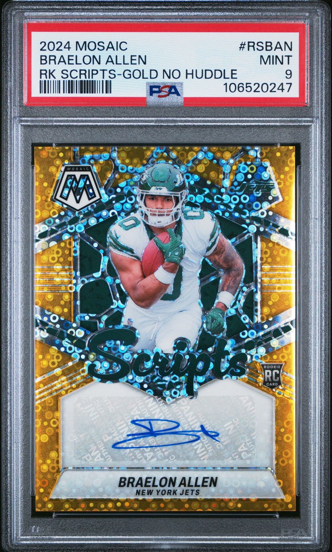 2024 Panini Mosaic Rookie Scripts Braelon Allen #Rsban (Rk Scripts-Gold No Huddle) Mint 9 front