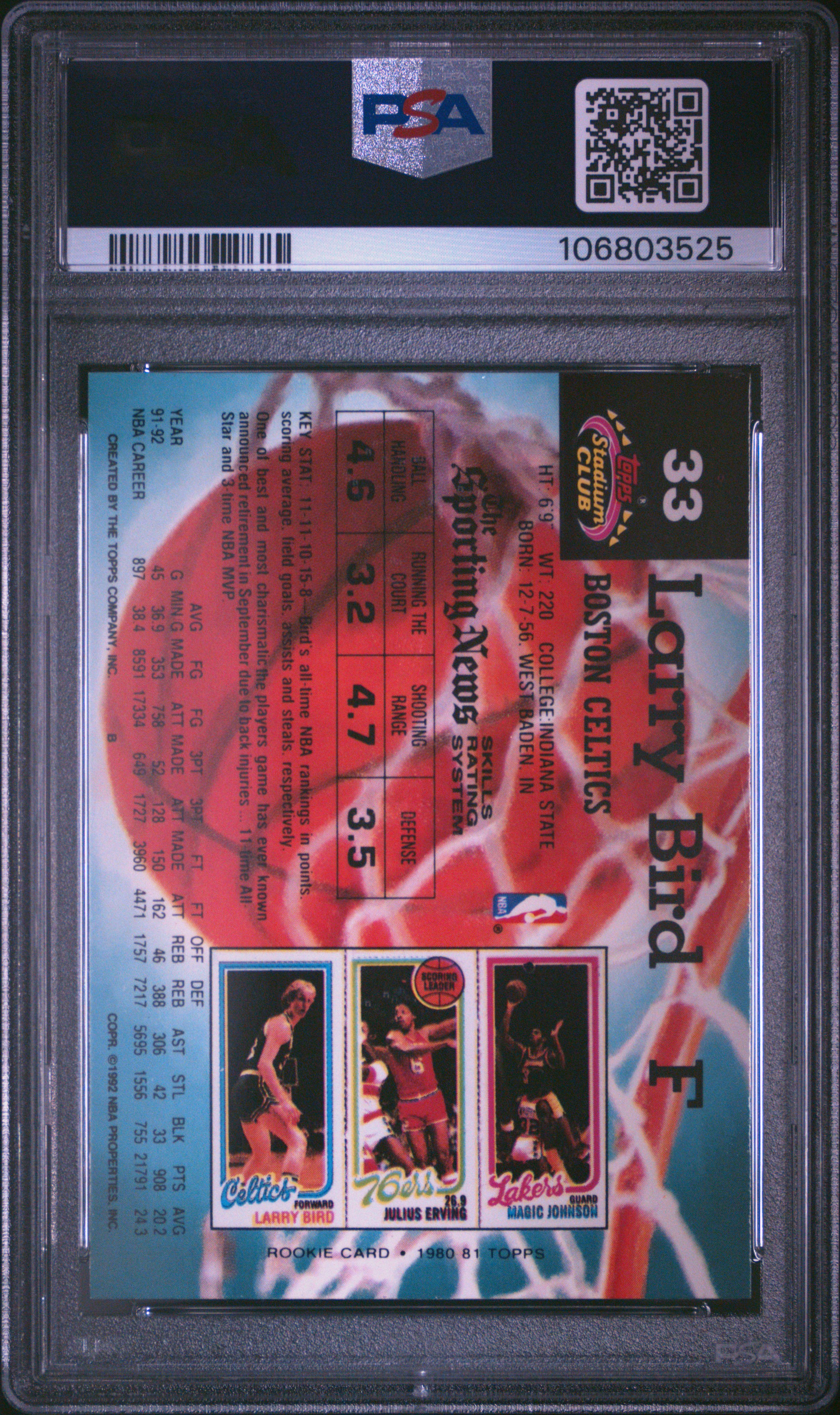 1992 Stadium Club Larry Bird #33 (Members Only) Nm-Mt 8 back