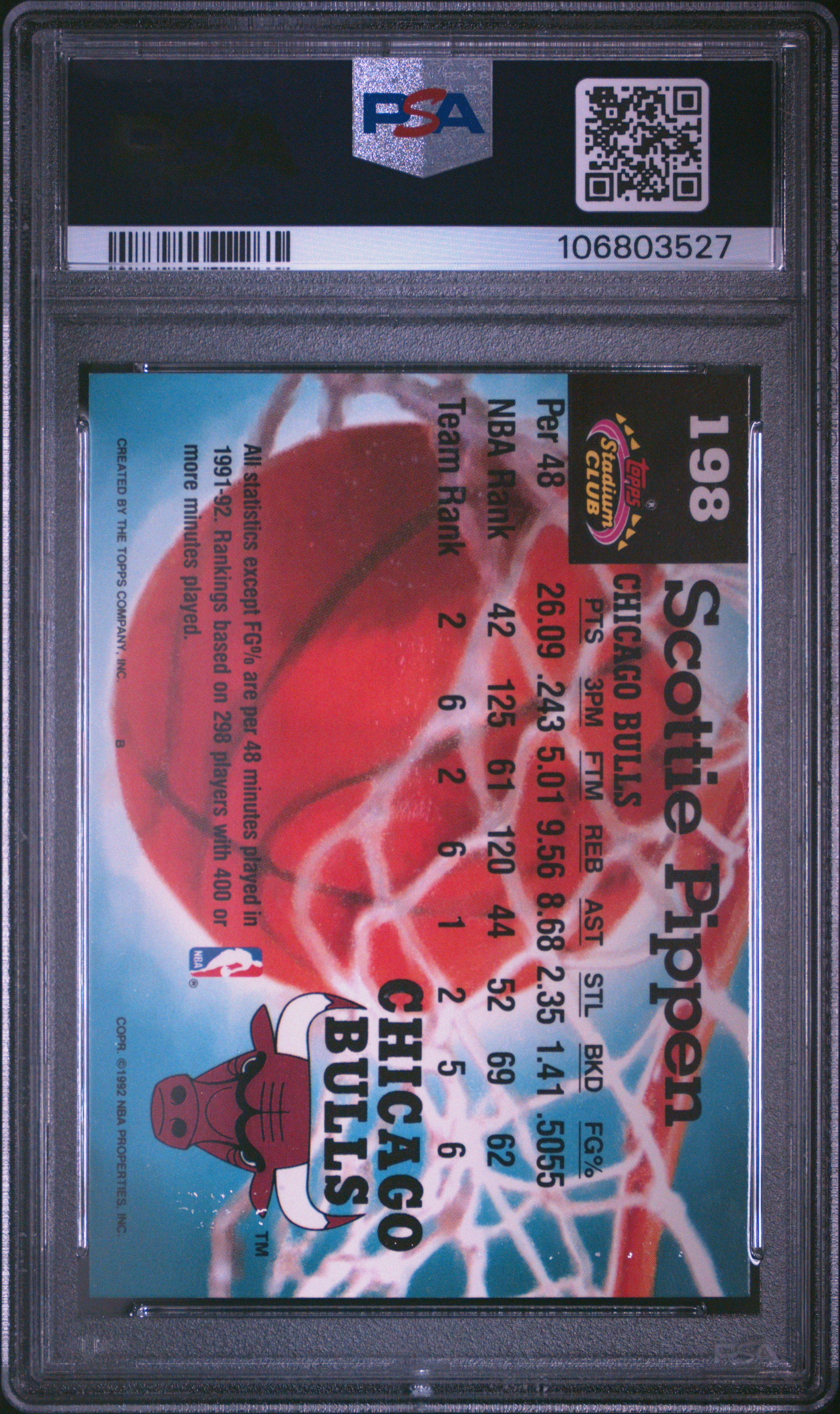 1992 Stadium Club Scottie Pippen #198 (Members Only) Mint 9 back