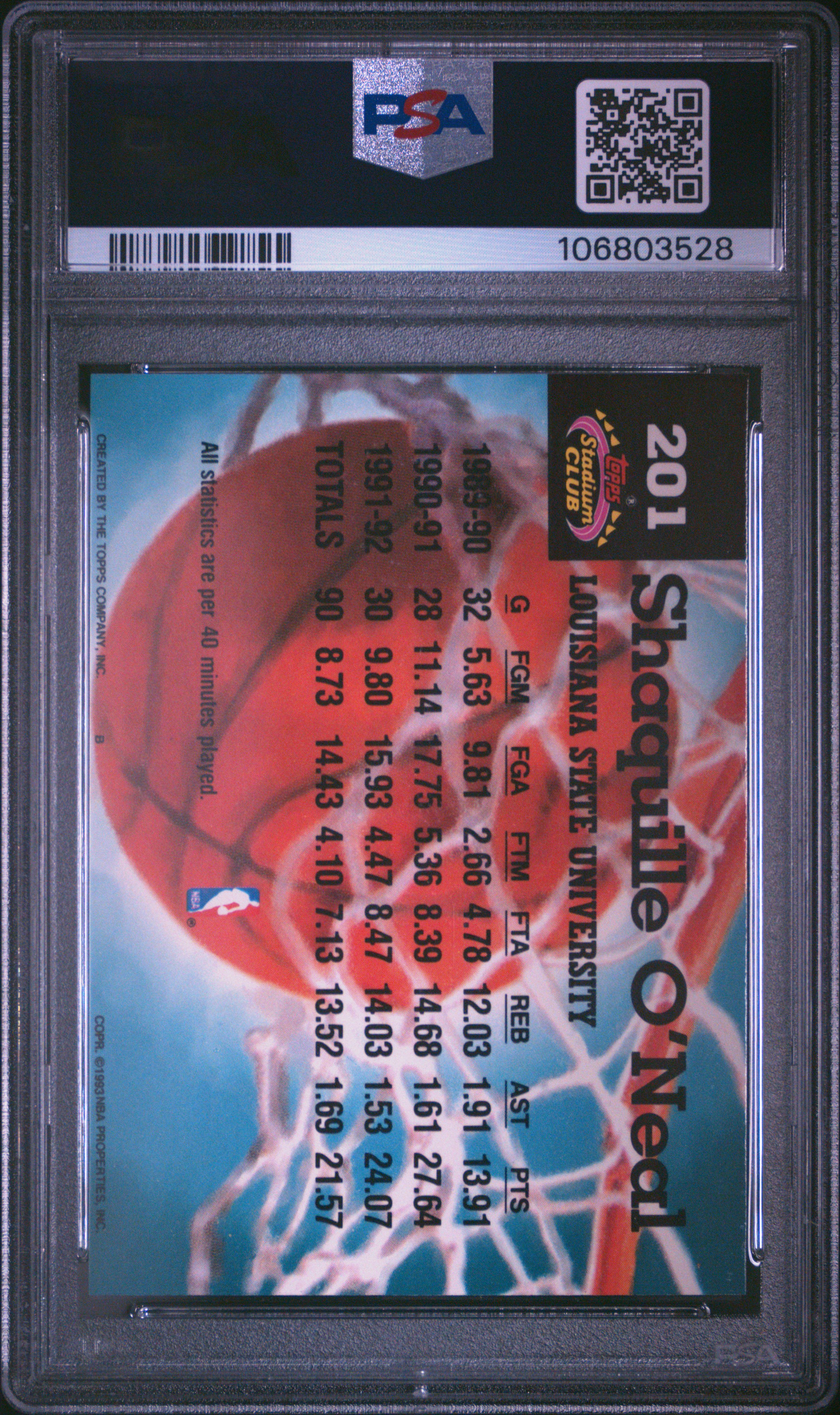 1992 Stadium Club Shaquille O'neal #201 (Members Only) Gem Mt 10 back