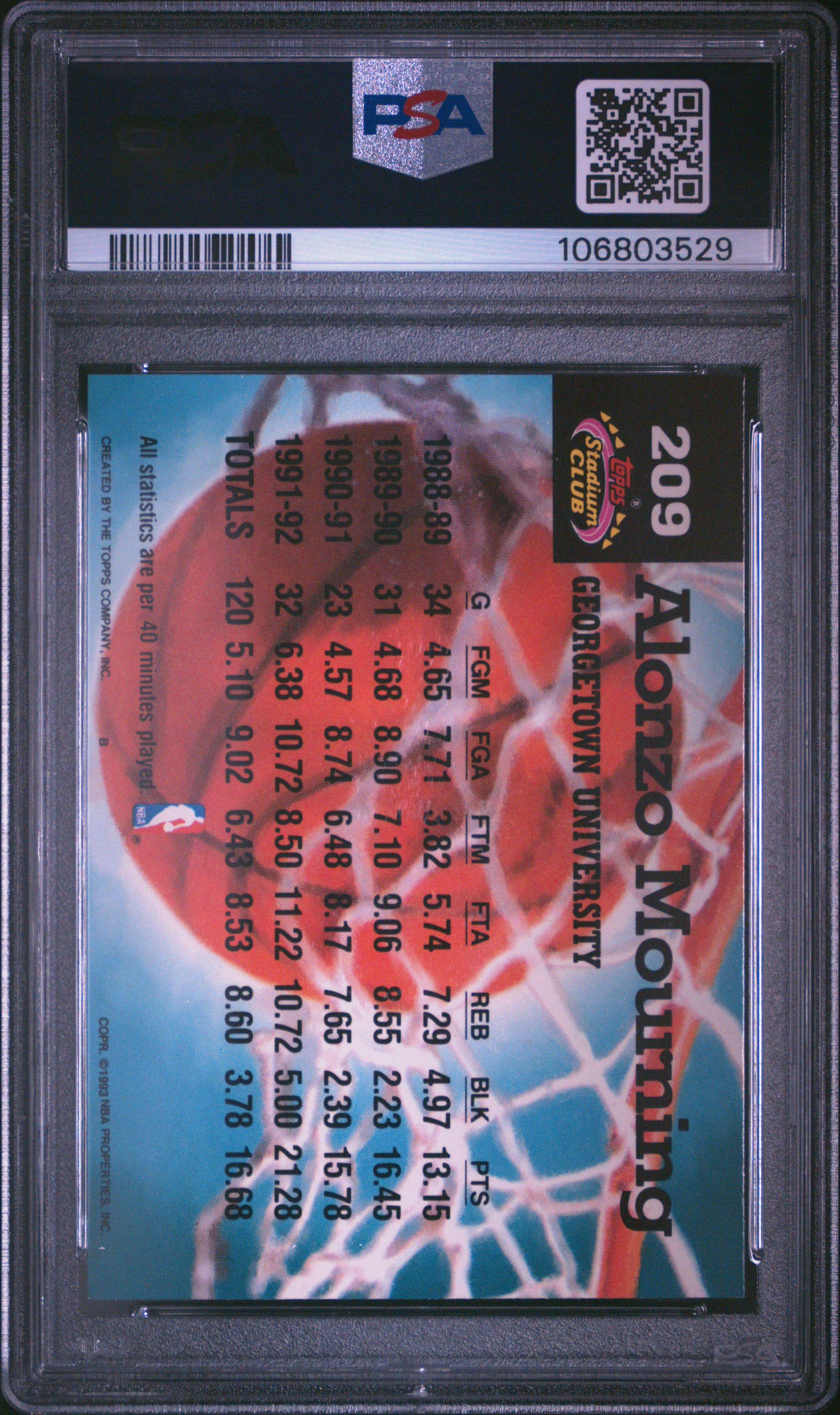 1992 Stadium Club Alonzo Mourning #209 (Members Only) Mint 9 back