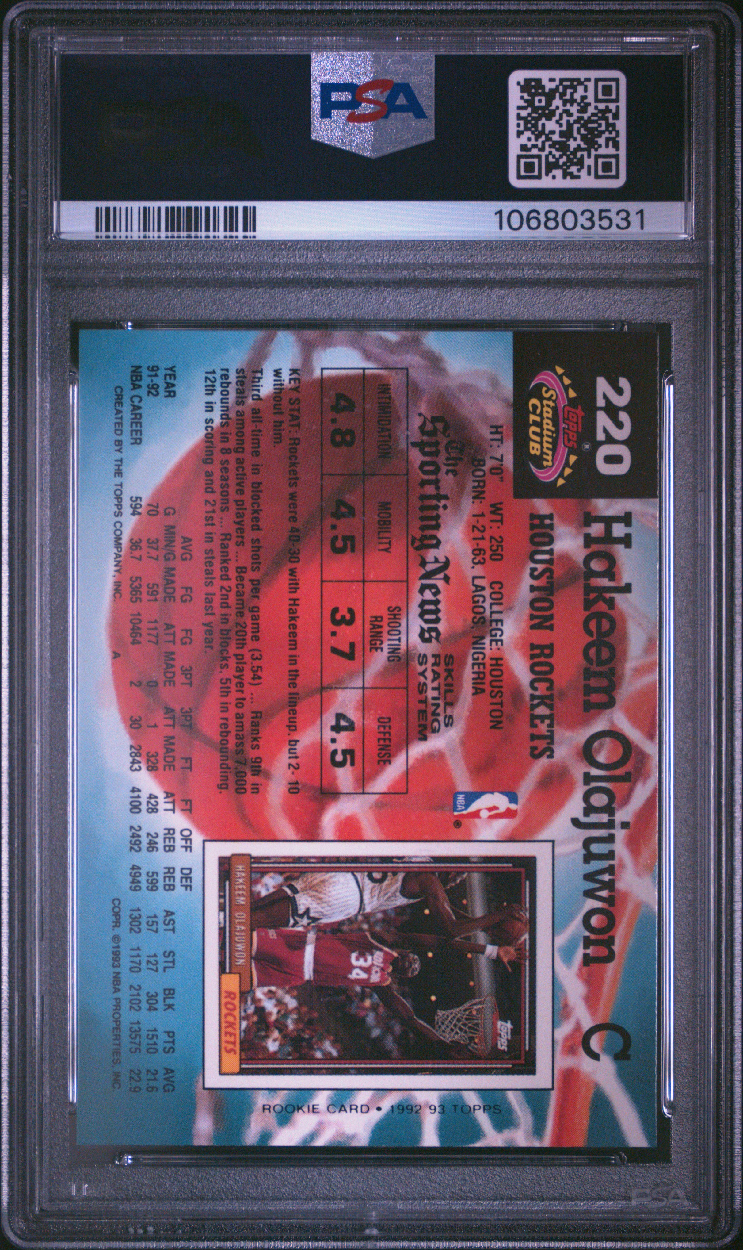 1992 Stadium Club Hakeem Olajuwon #220 (Members Only) Gem Mt 10 back