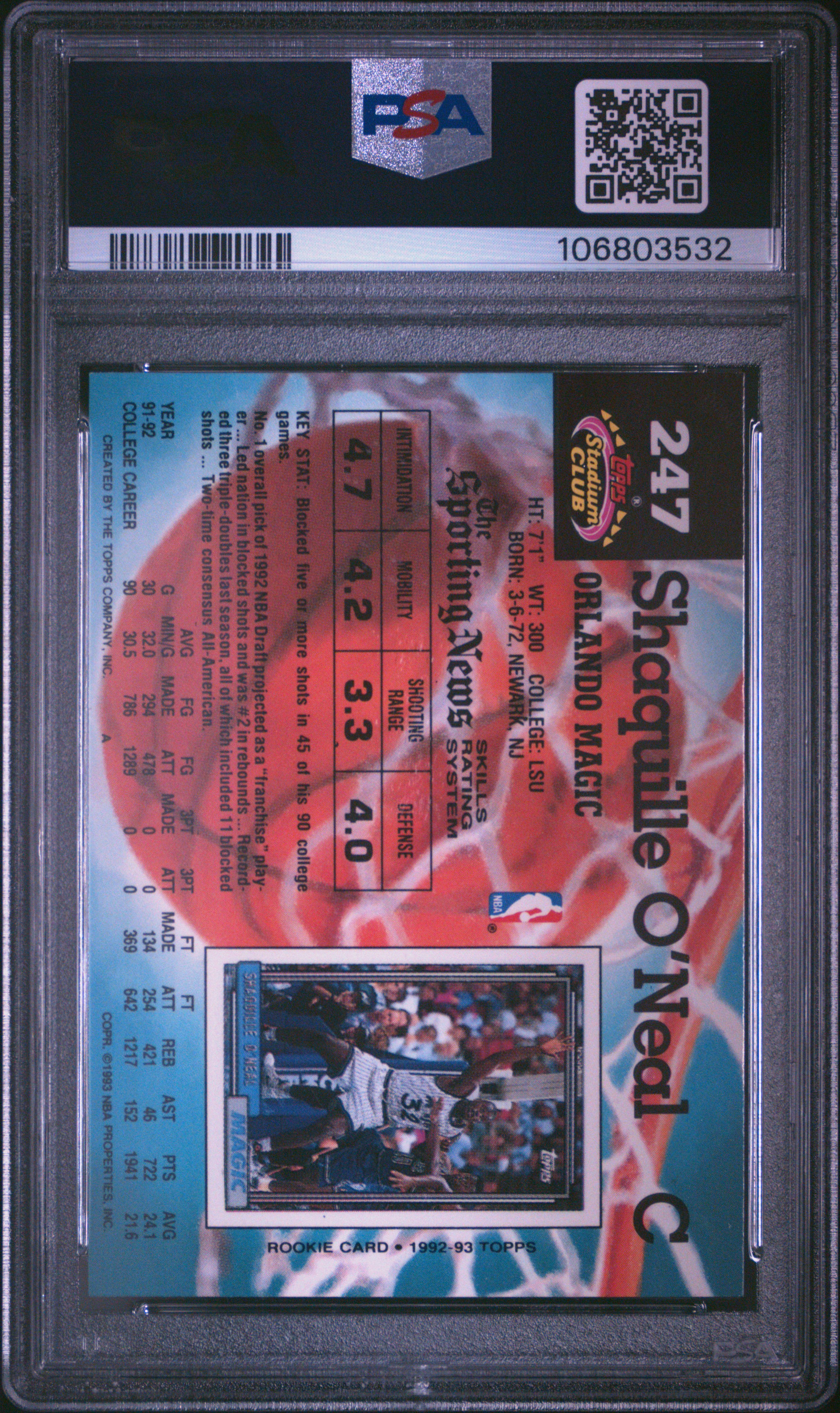 1992 Stadium Club Shaquille O'neal #247 (Members Only) Mint 9 back