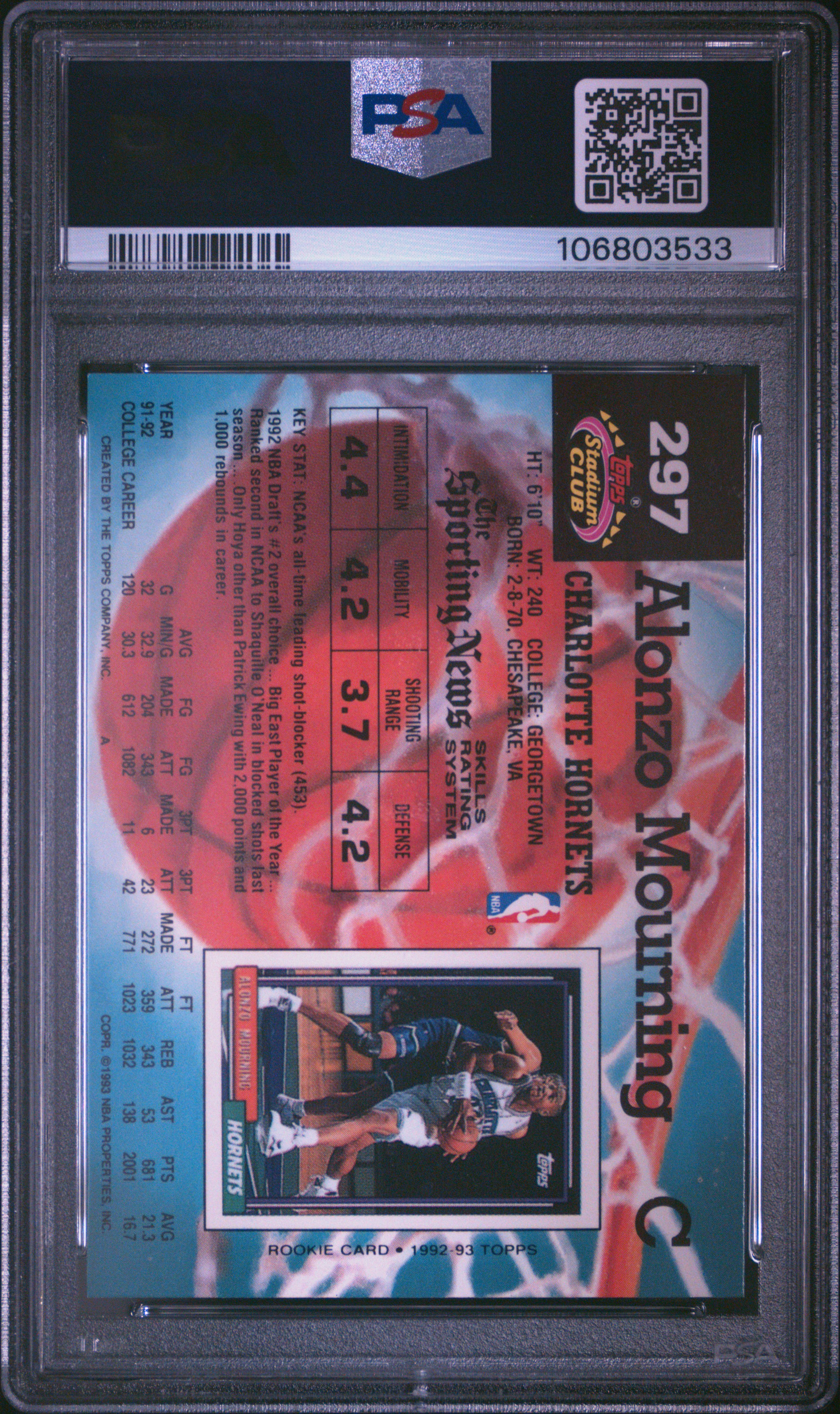 1992 Stadium Club Alonzo Mourning #297 (Members Only) Nm-Mt 8 back