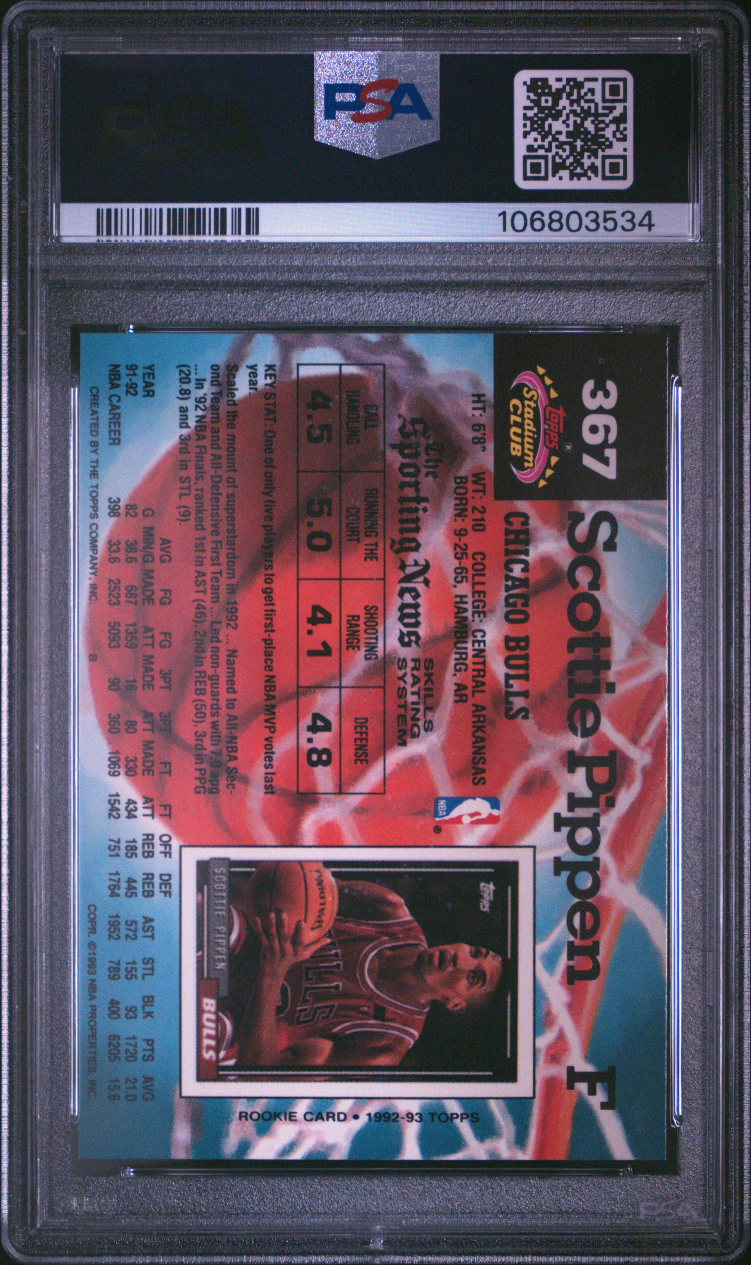 1992 Stadium Club Scottie Pippen #367 (Members Only) Gem Mt 10 back