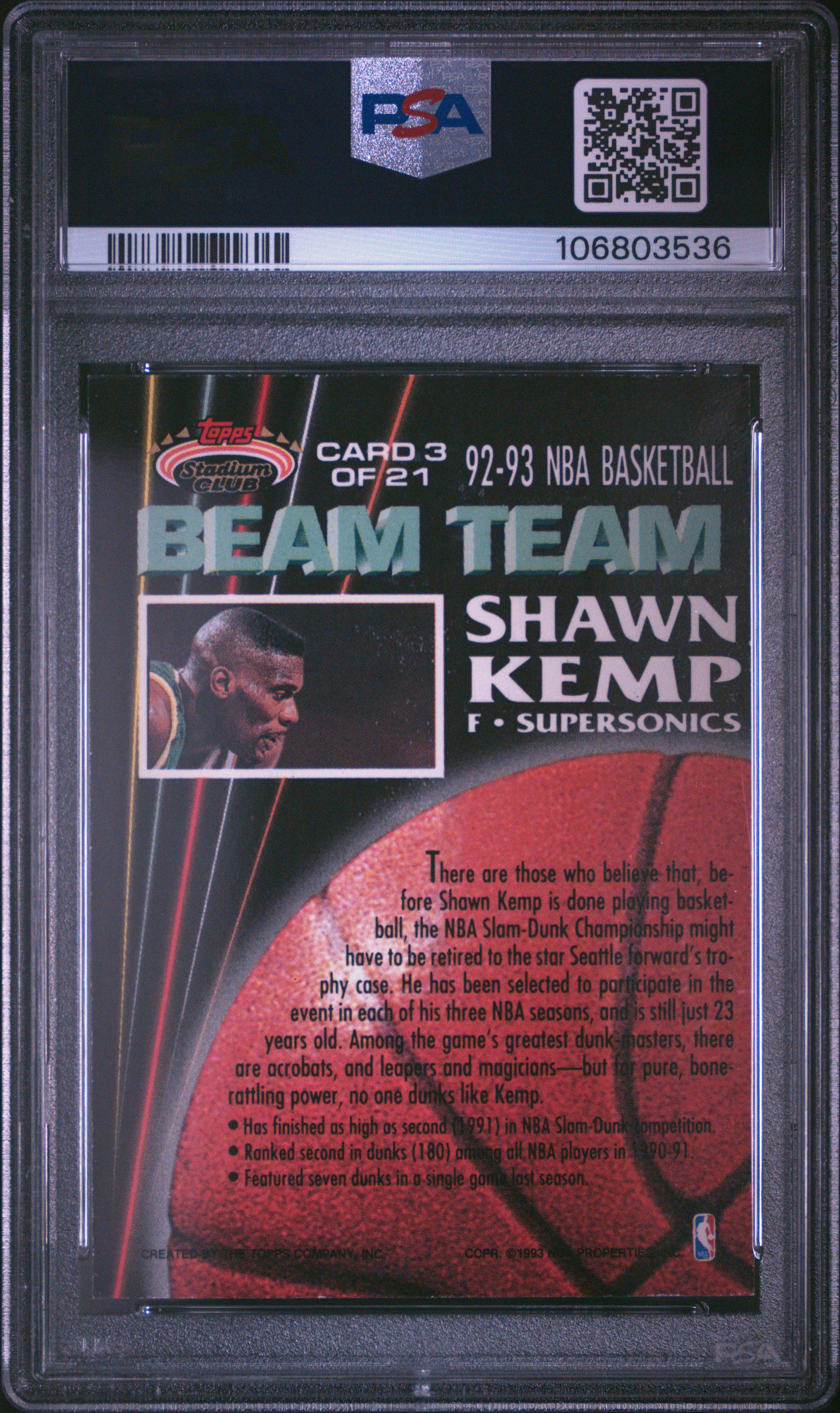 1992 Stadium Club Beam Team Shawn Kemp #3 (Beam Team-Members Only) Nm-Mt 8 back