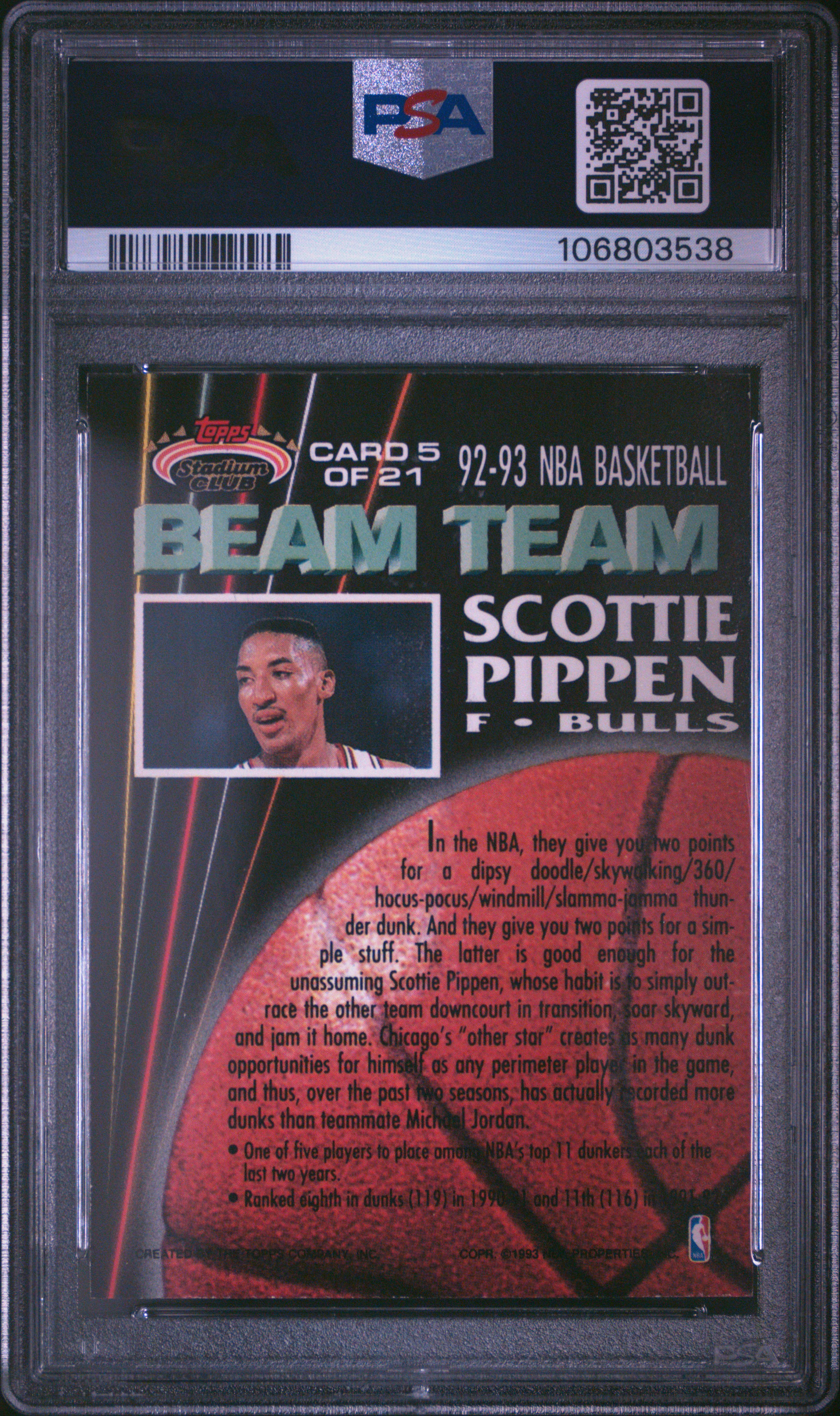 1992 Stadium Club Beam Team Scottie Pippen #5 (Beam Team-Members Only) Nm-Mt 8 back