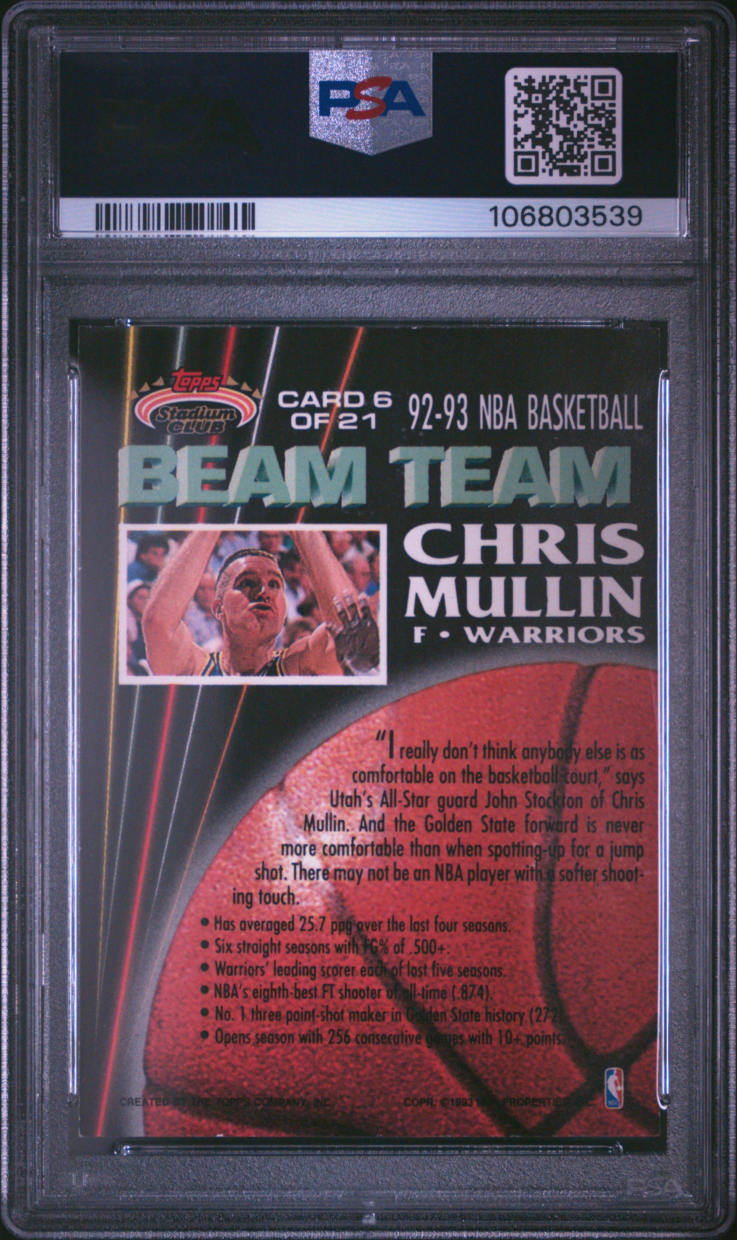 1992 Stadium Club Beam Team Chris Mullin #6 (Beam Team-Members Only) Mint 9 back