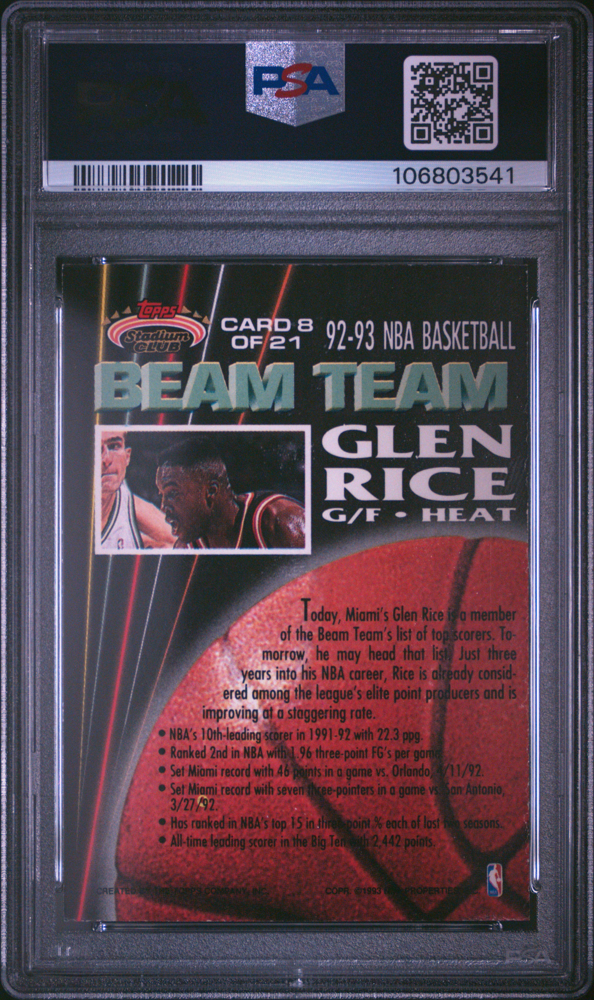 1992 Stadium Club Beam Team Glen Rice #8 (Beam Team-Members Only) Nm-Mt 8 back