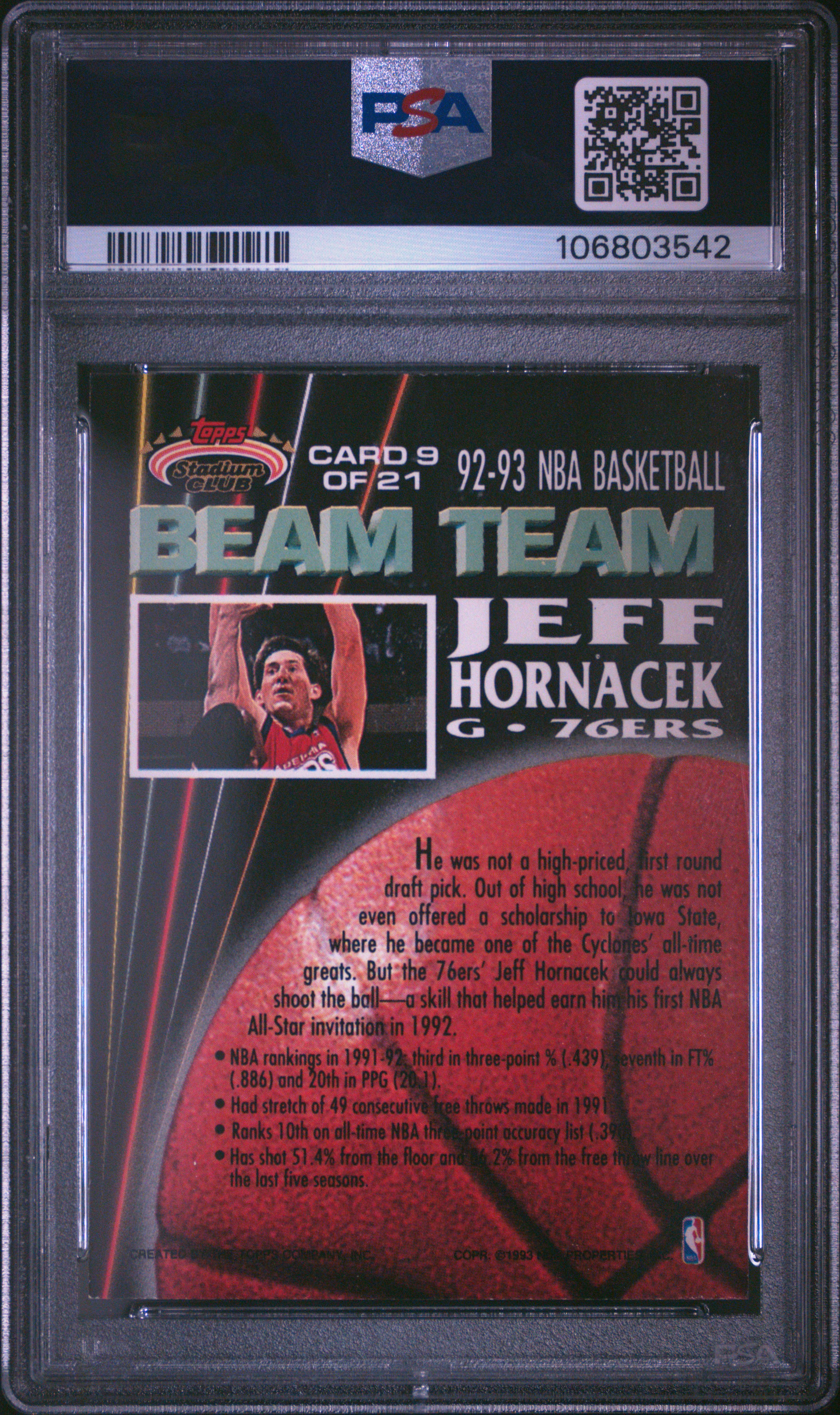 1992 Stadium Club Beam Team Jeff Hornacek #9 (Beam Team-Members Only) Nm-Mt 8 back