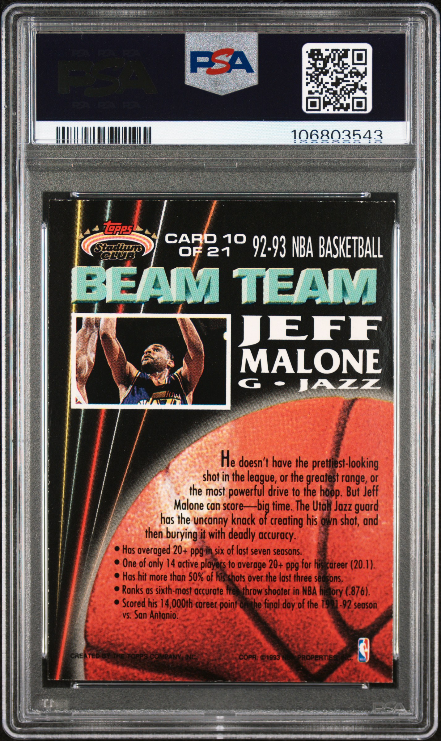 1992 Stadium Club Beam Team Jeff Malone #10 (Beam Team-Members Only) Nm-Mt 8 back