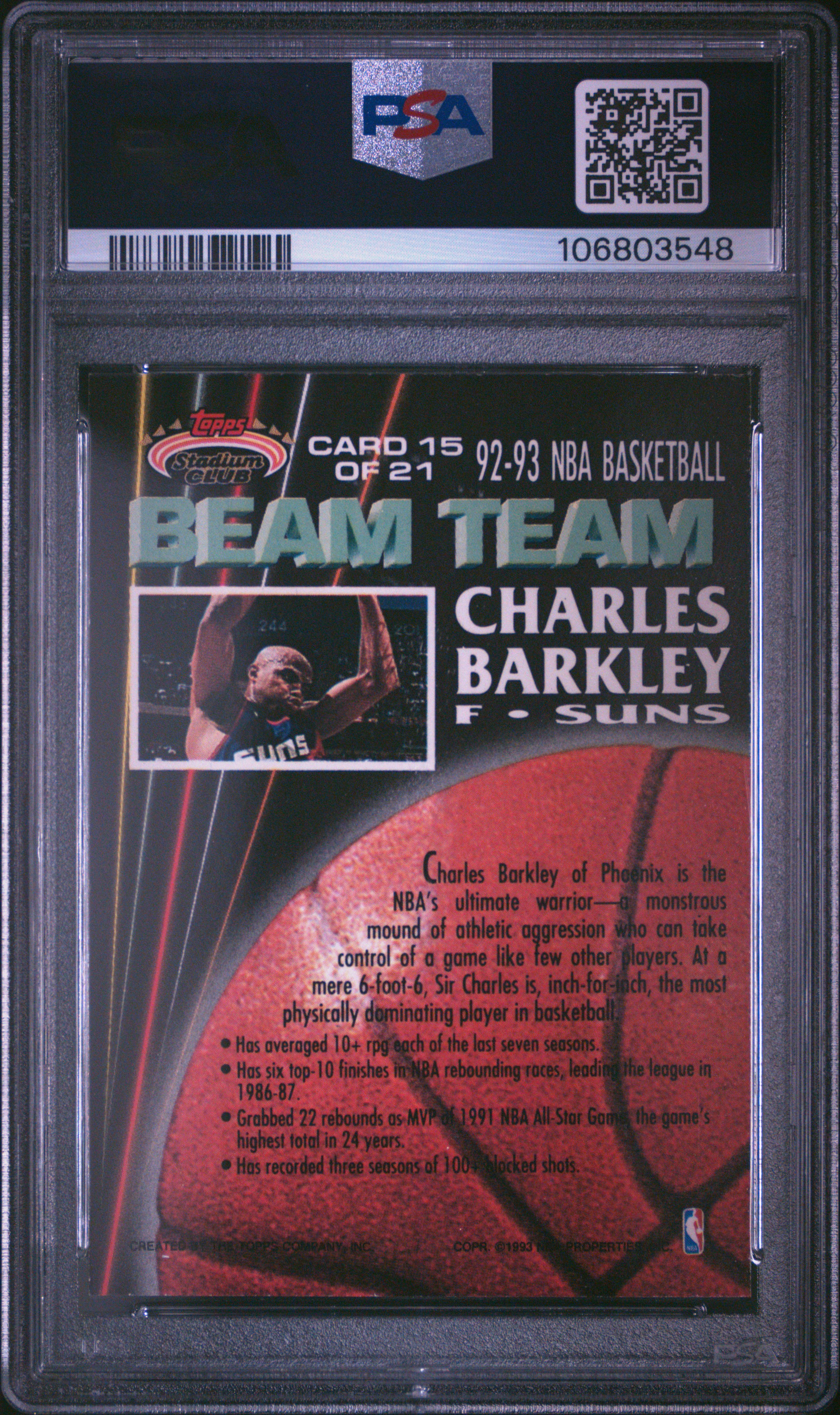 1992 Stadium Club Beam Team Charles Barkley #15 (Beam Team-Members Only) Mint 9 back