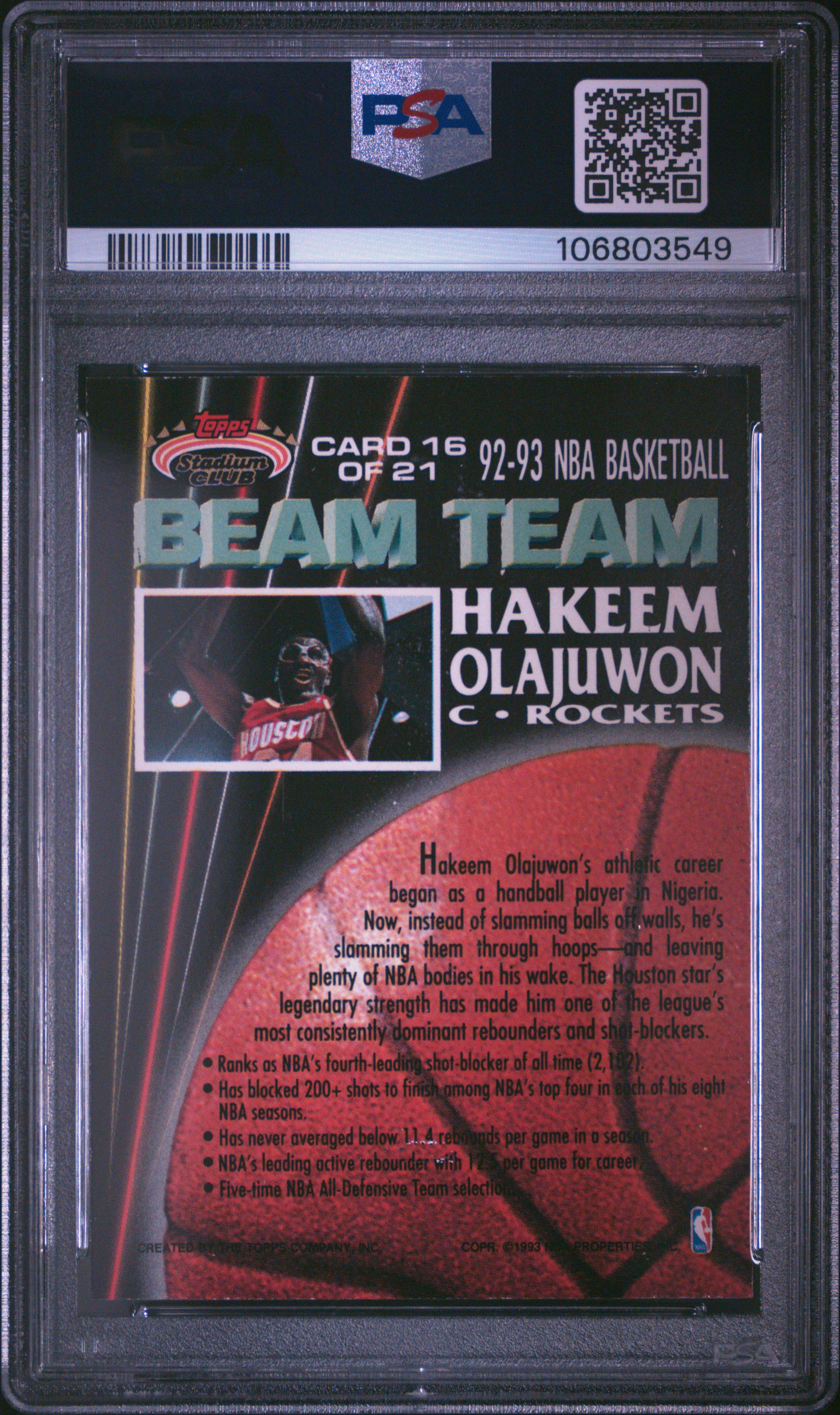 1992 Stadium Club Beam Team Hakeem Olajuwon #16 (Beam Team-Members Only) Nm-Mt 8 back