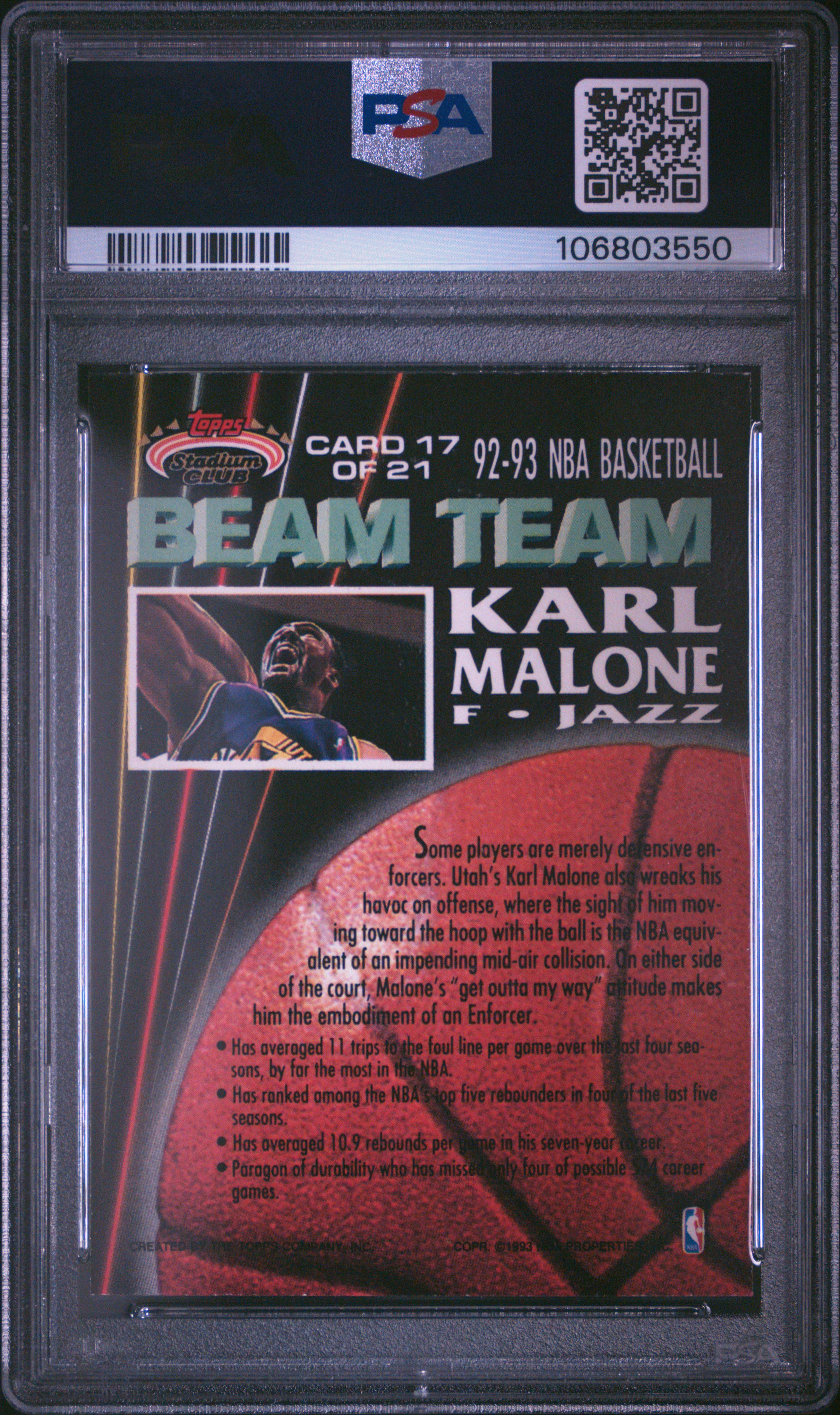 1992 Stadium Club Beam Team Karl Malone #17 (Beam Team-Members Only) Mint 9 back
