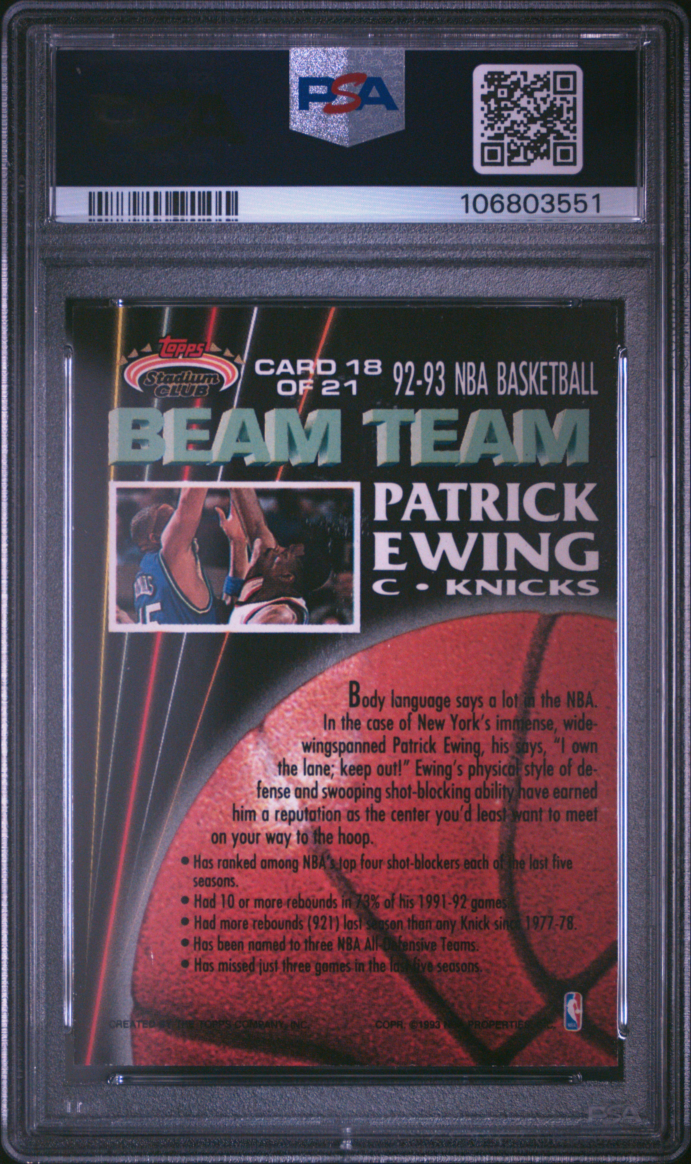 1992 Stadium Club Beam Team Patrick Ewing #18 (Beam Team-Members Only) Mint 9 back