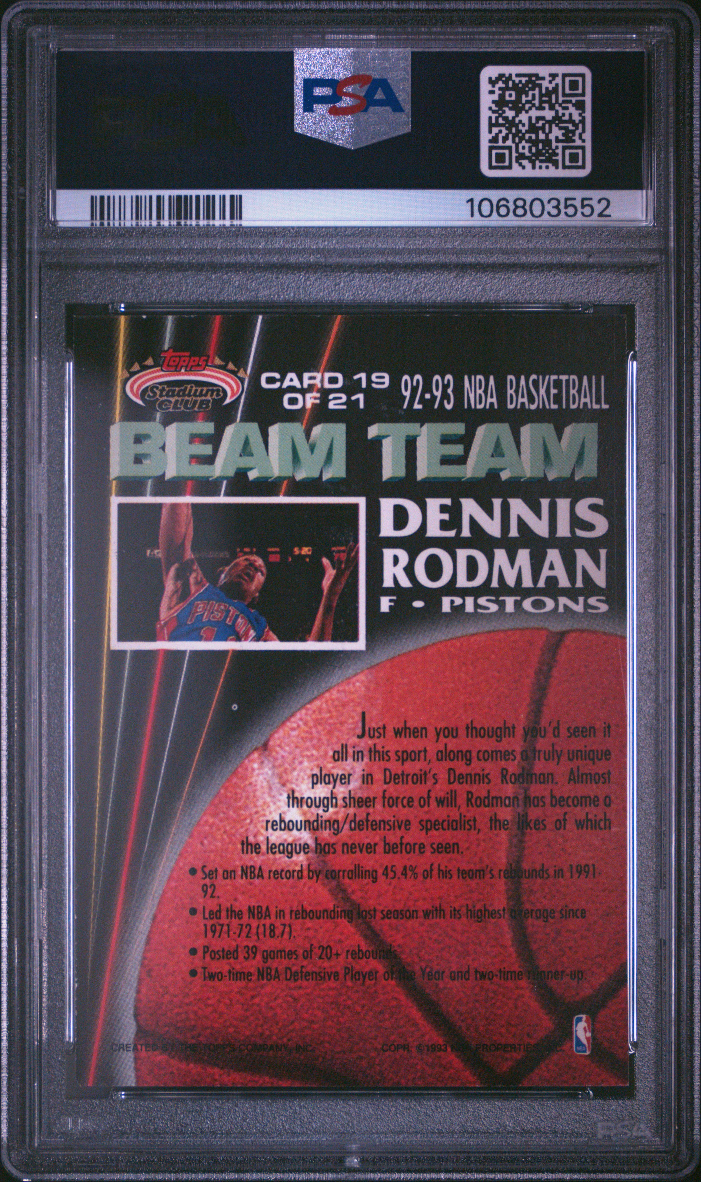 1992 Stadium Club Beam Team Dennis Rodman #19 (Beam Team-Members Only) Mint 9 back