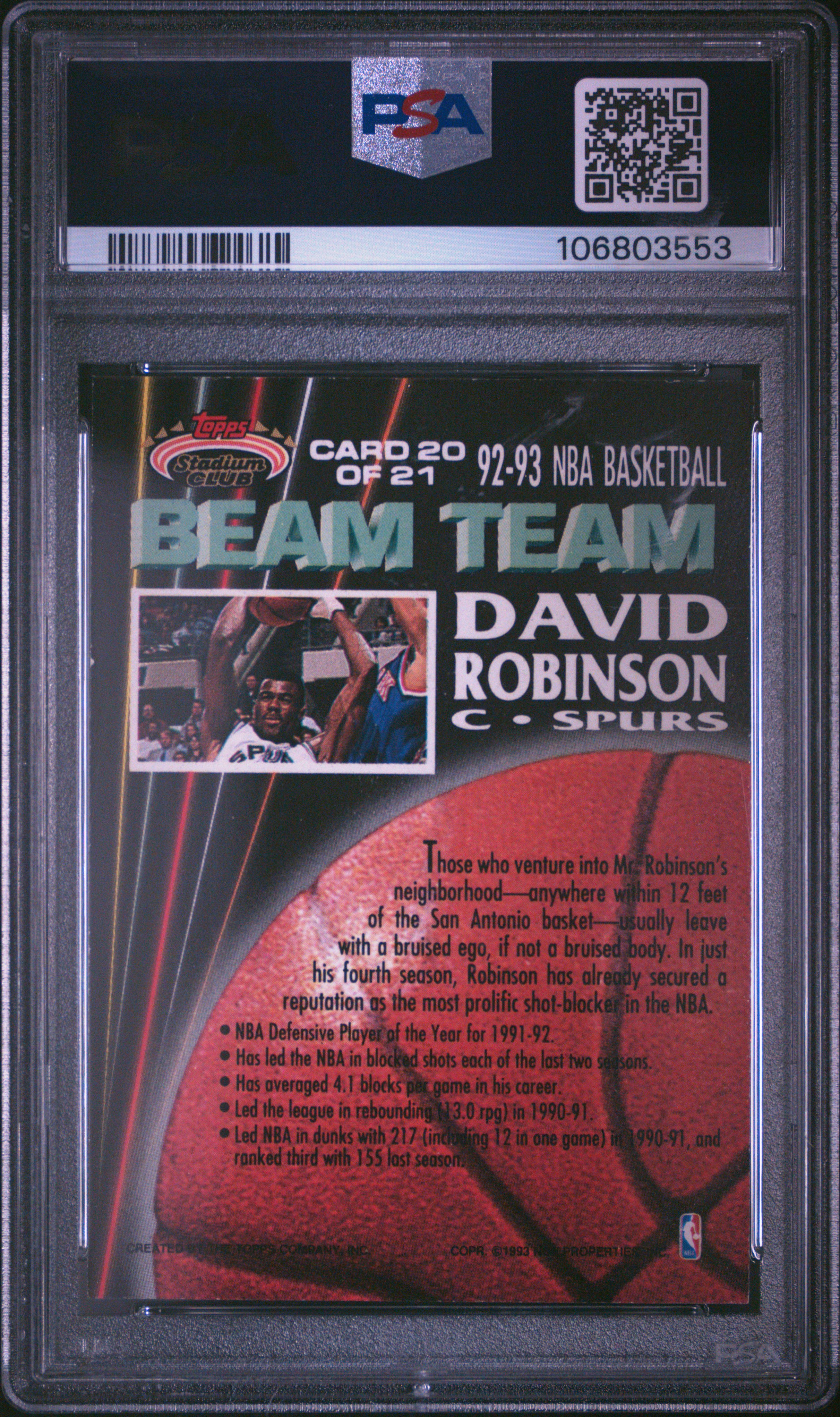 1992 Stadium Club Beam Team David Robinson #20 (Beam Team-Members Only) Nm 7 back