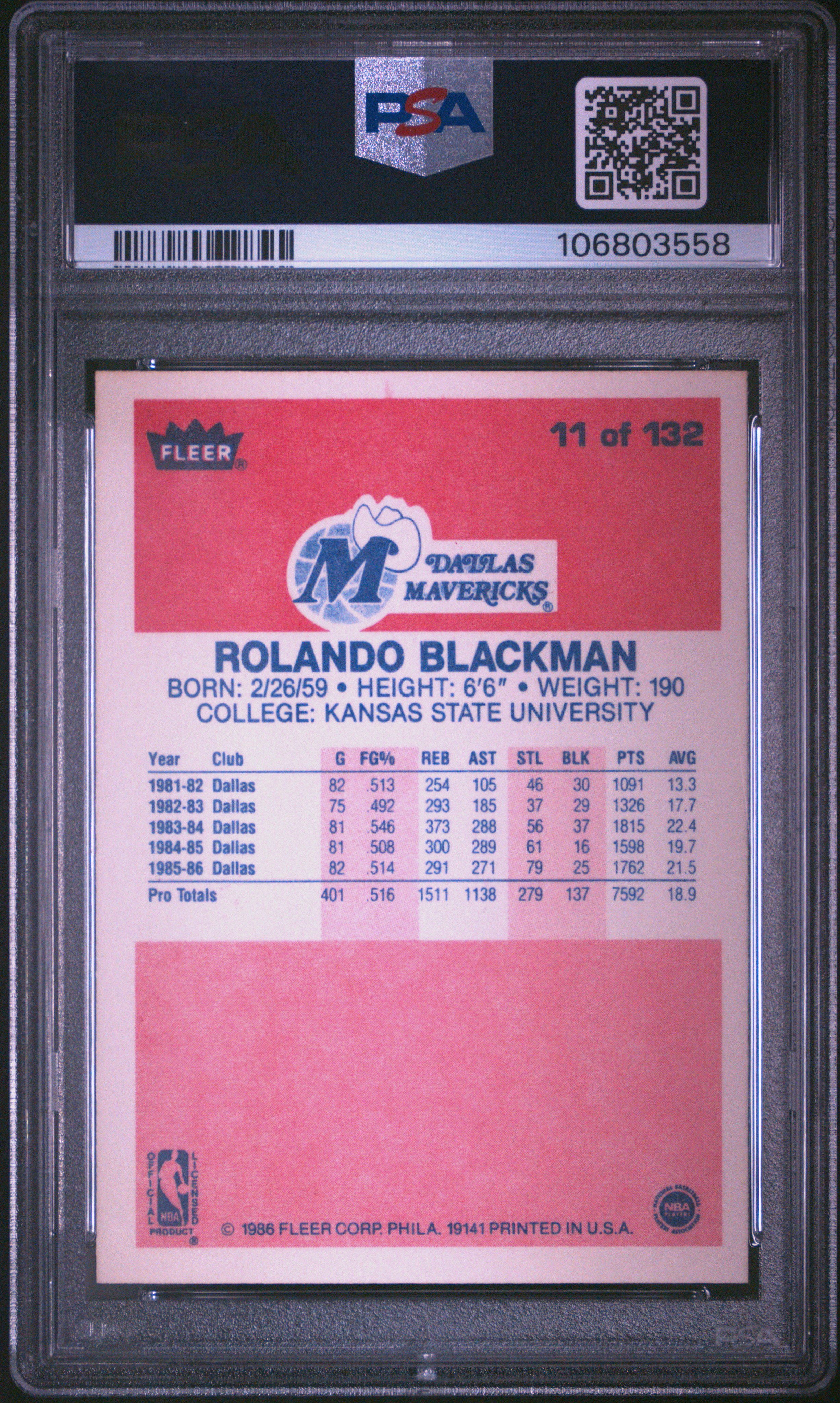 1986 Fleer Rolando Blackman #11 Nm-Mt 8 back