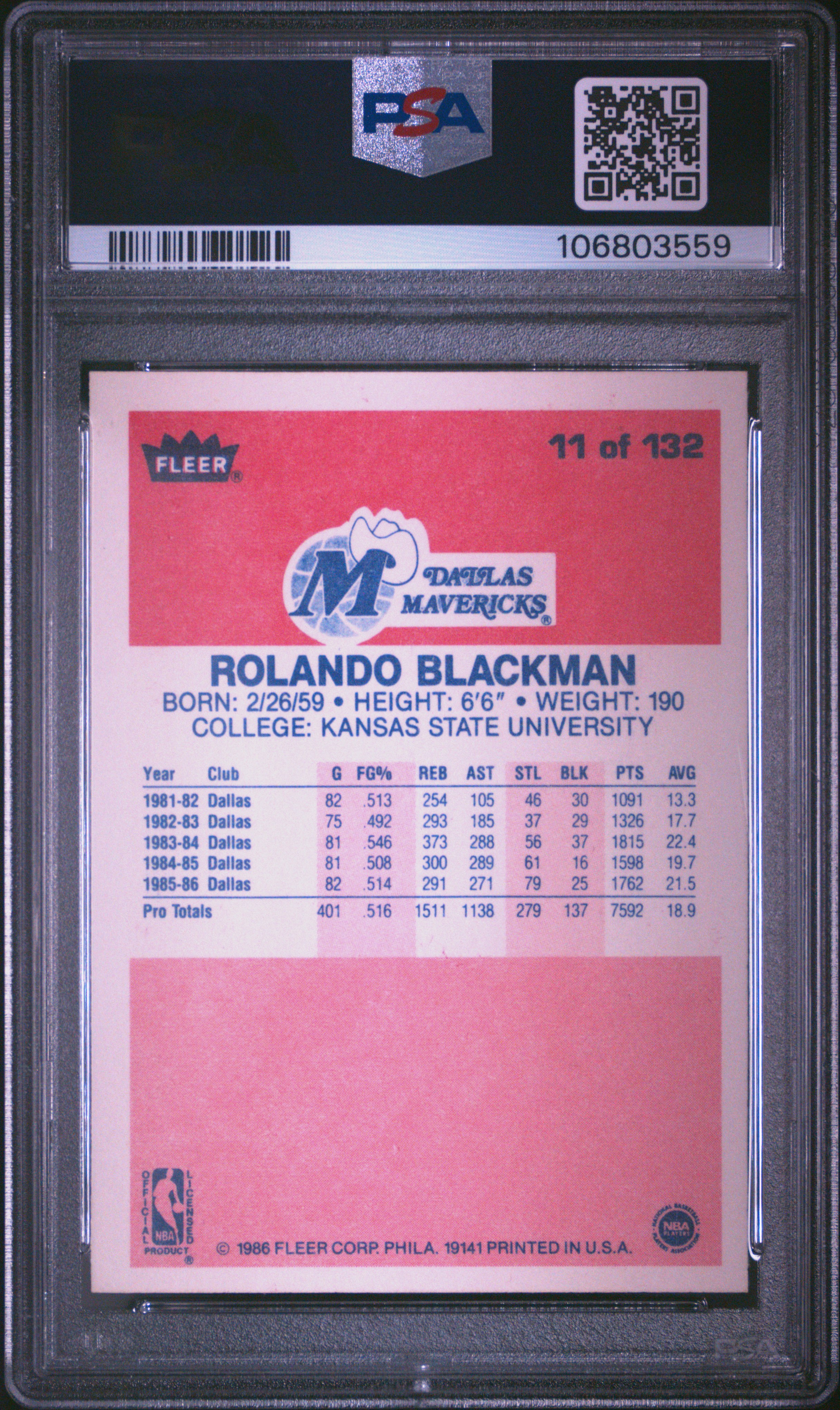 1986 Fleer Rolando Blackman #11 Nm-Mt 8 back