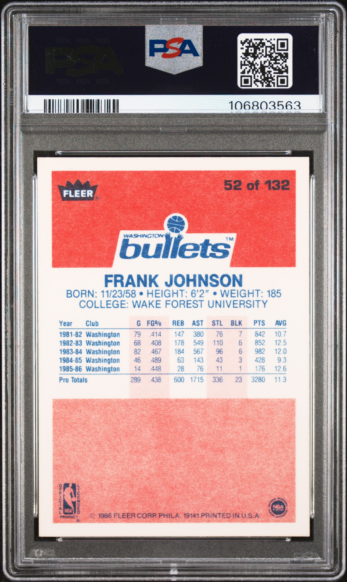 1986 Fleer Frank Johnson #52 Mint 9 back