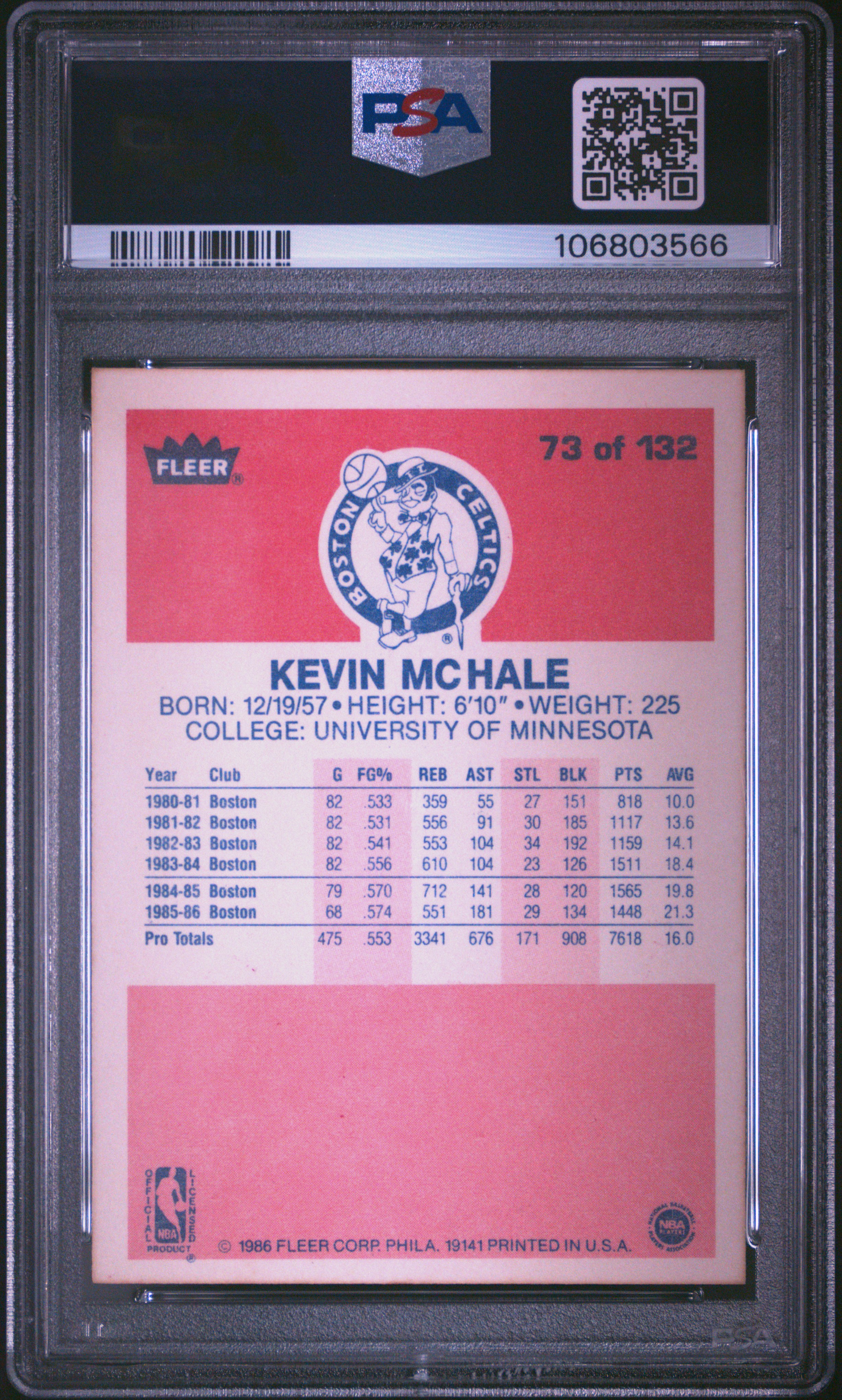 1986 Fleer Kevin Mchale #73 Nm-Mt 8 back