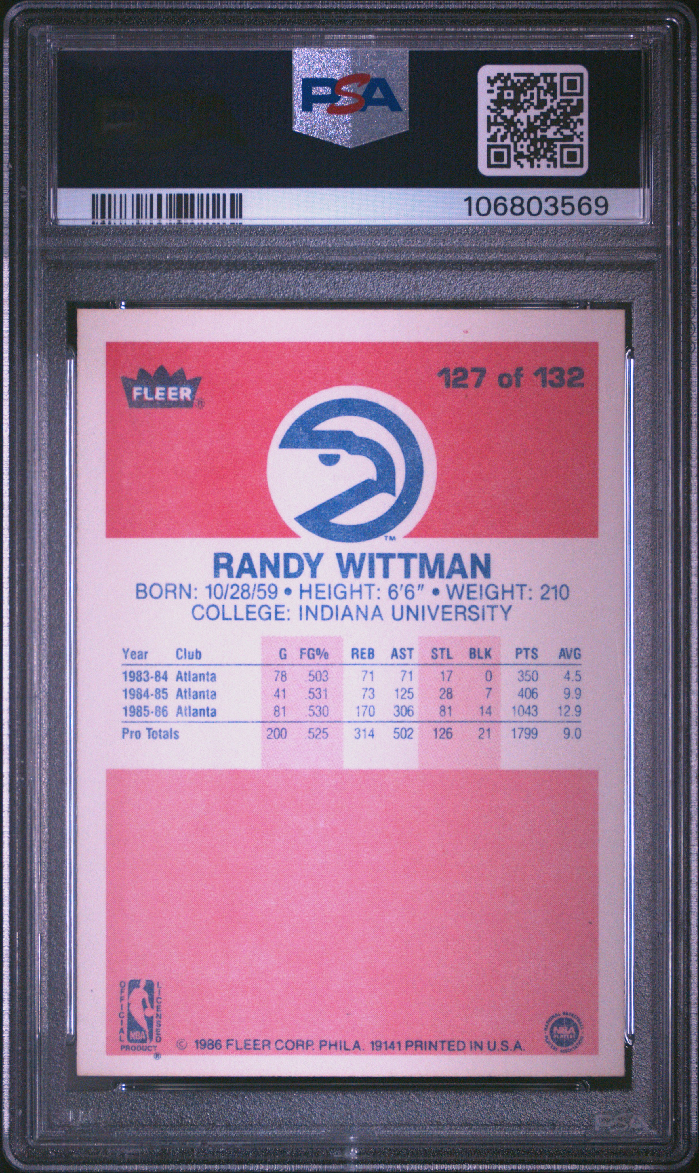 1986 Fleer Randy Wittman #127 Mint 9 back