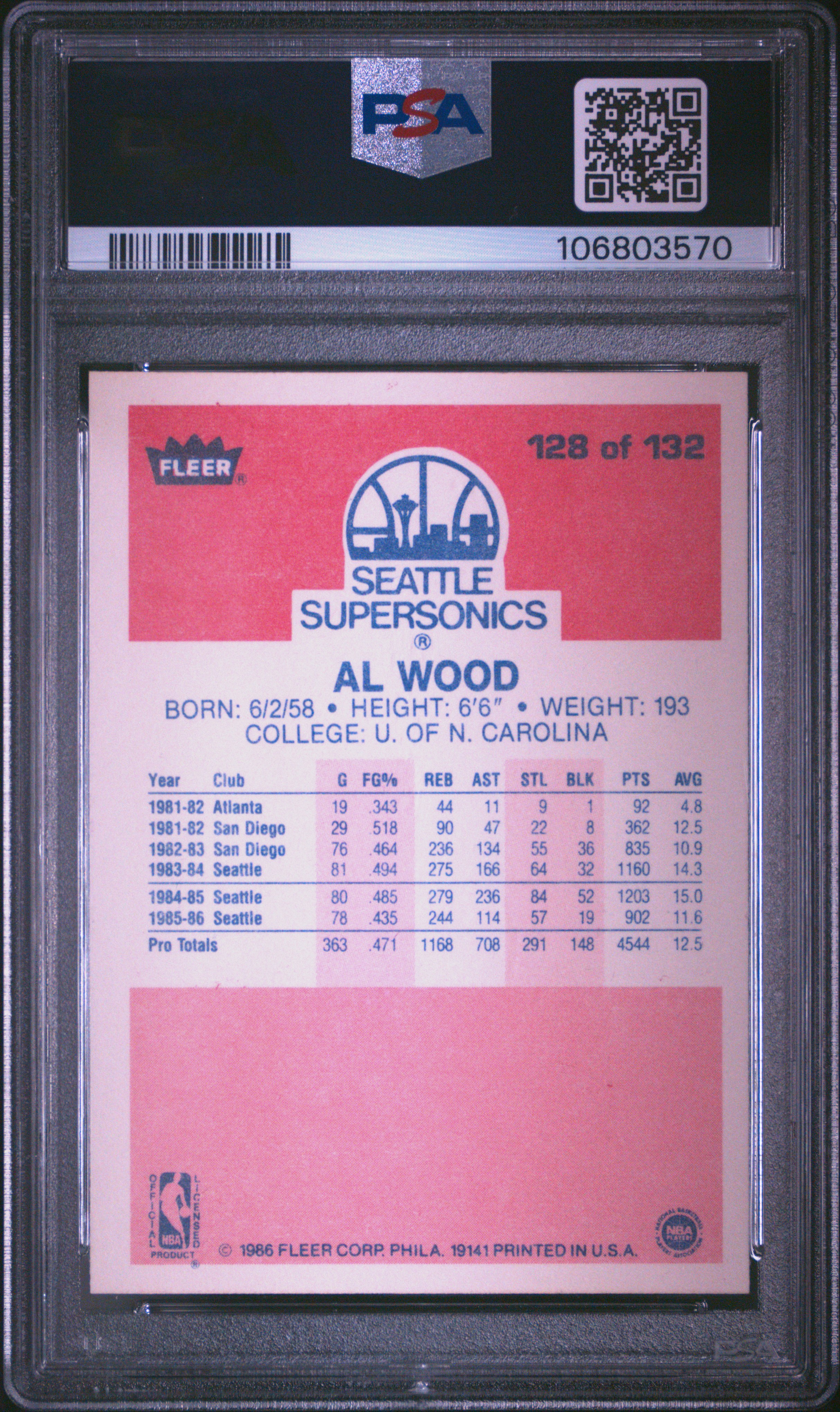 1986 Fleer Al Wood #128 Nm-Mt 8 back