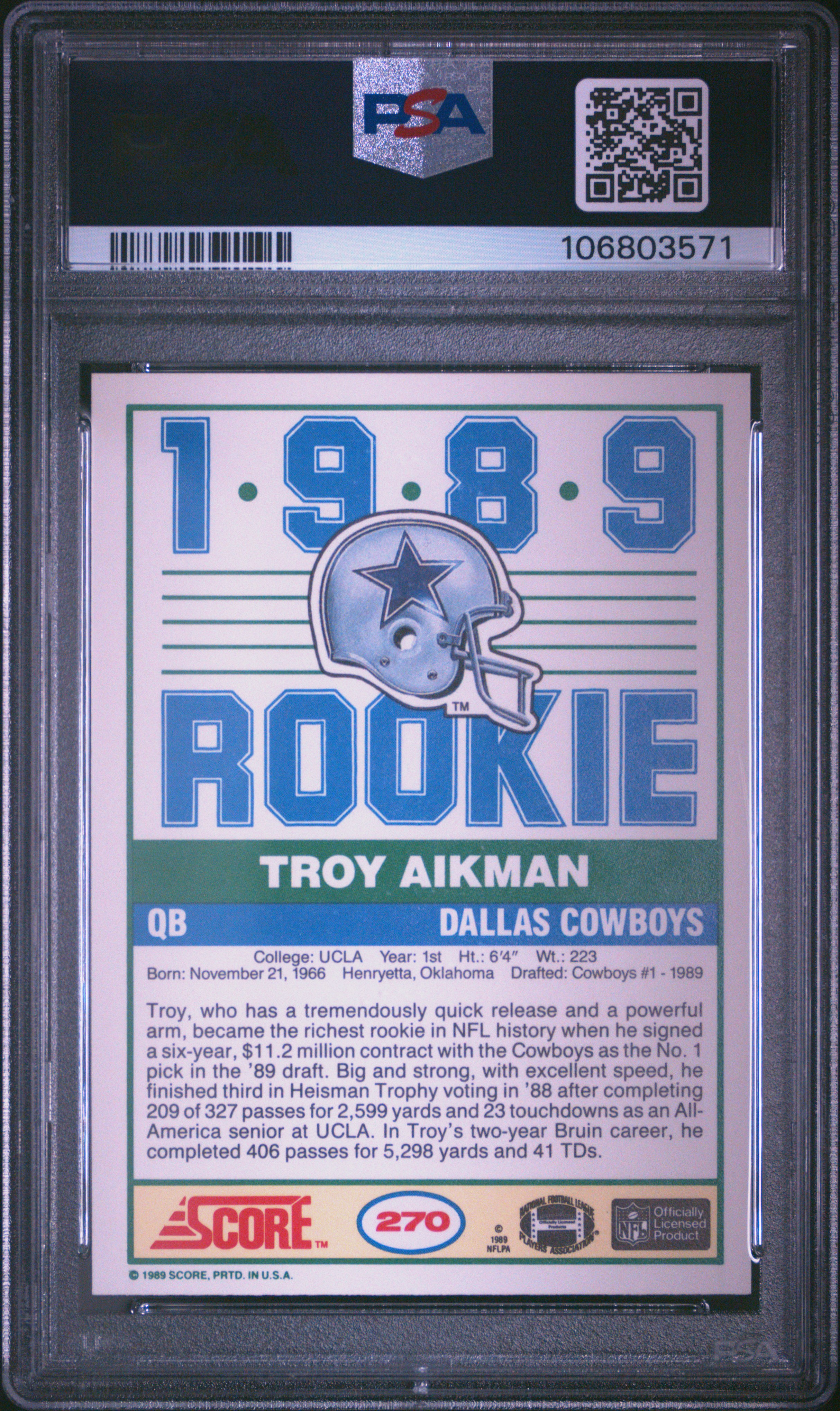1989 Score Troy Aikman #270 Gem Mt 10 back