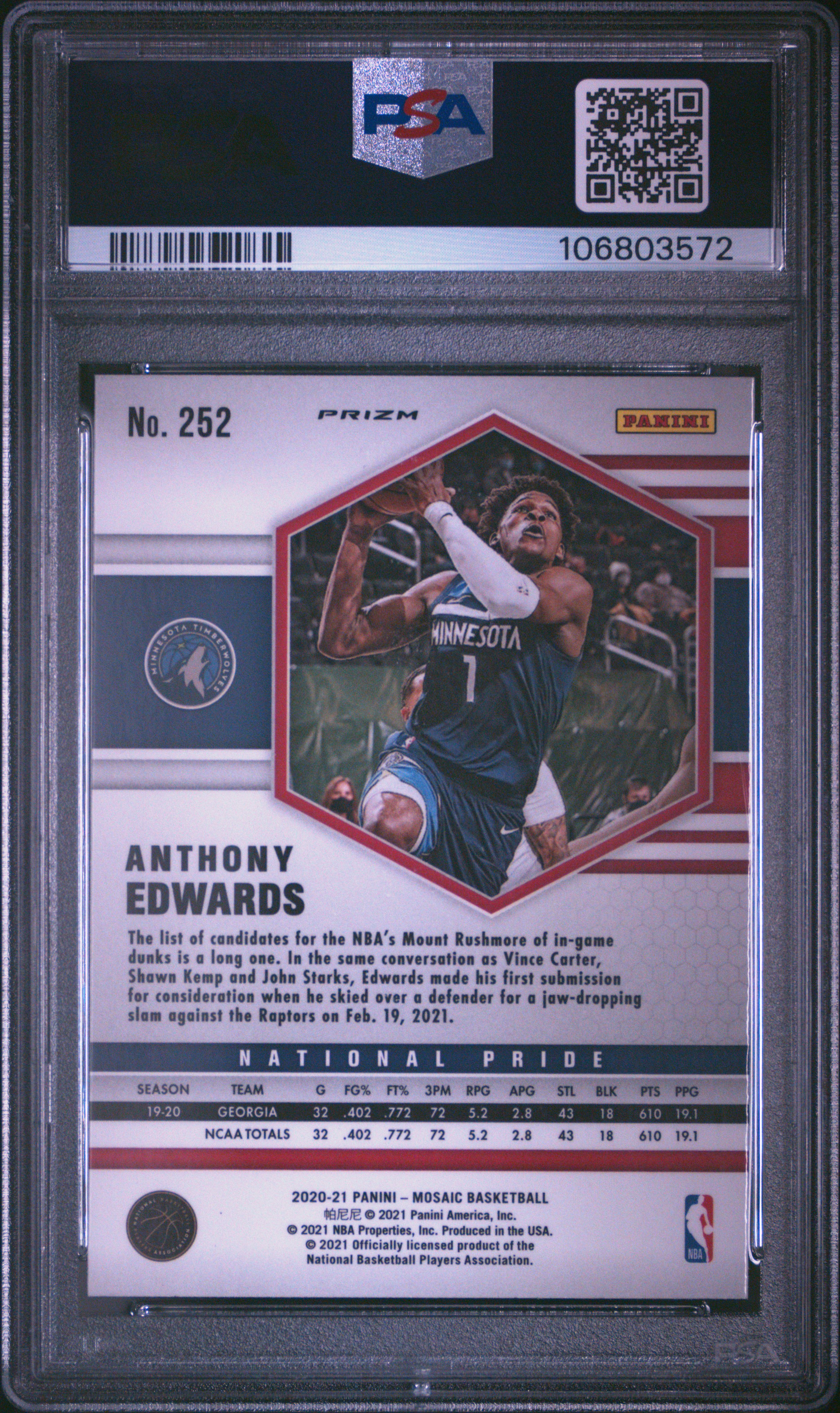 2020 Panini Mosaic Anthony Edwards #252 (Reactive Red) Gem Mt 10 back