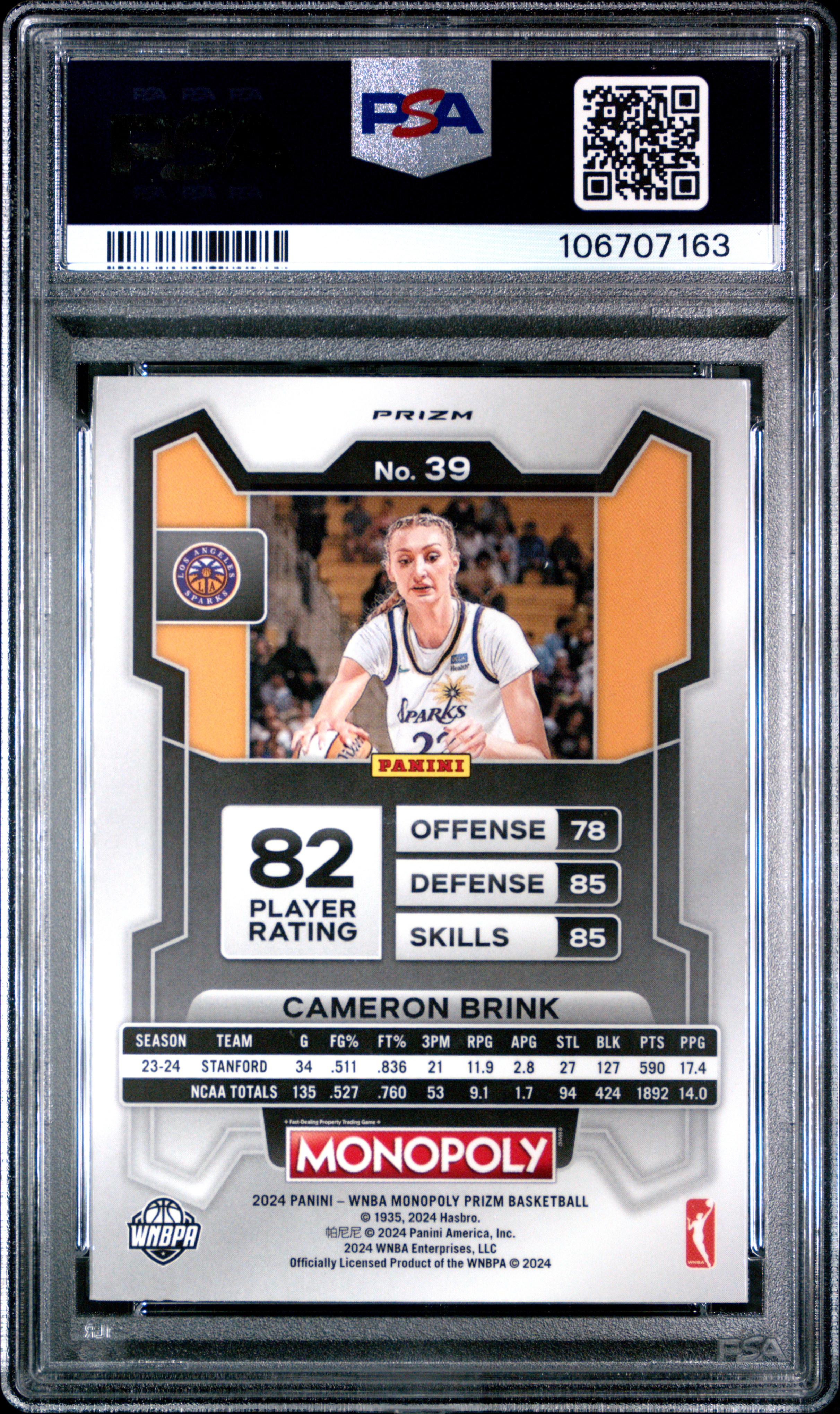 2024 Panini Prizm Monopoly Wnba Cameron Brink #39 (Go) Gem Mt 10 back